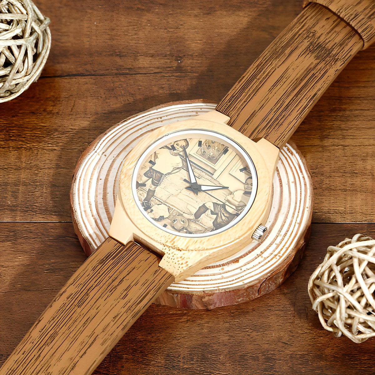 Engraved Bamboo Photo Watch Wooden Leather Strap 40mm - enhanced image 9