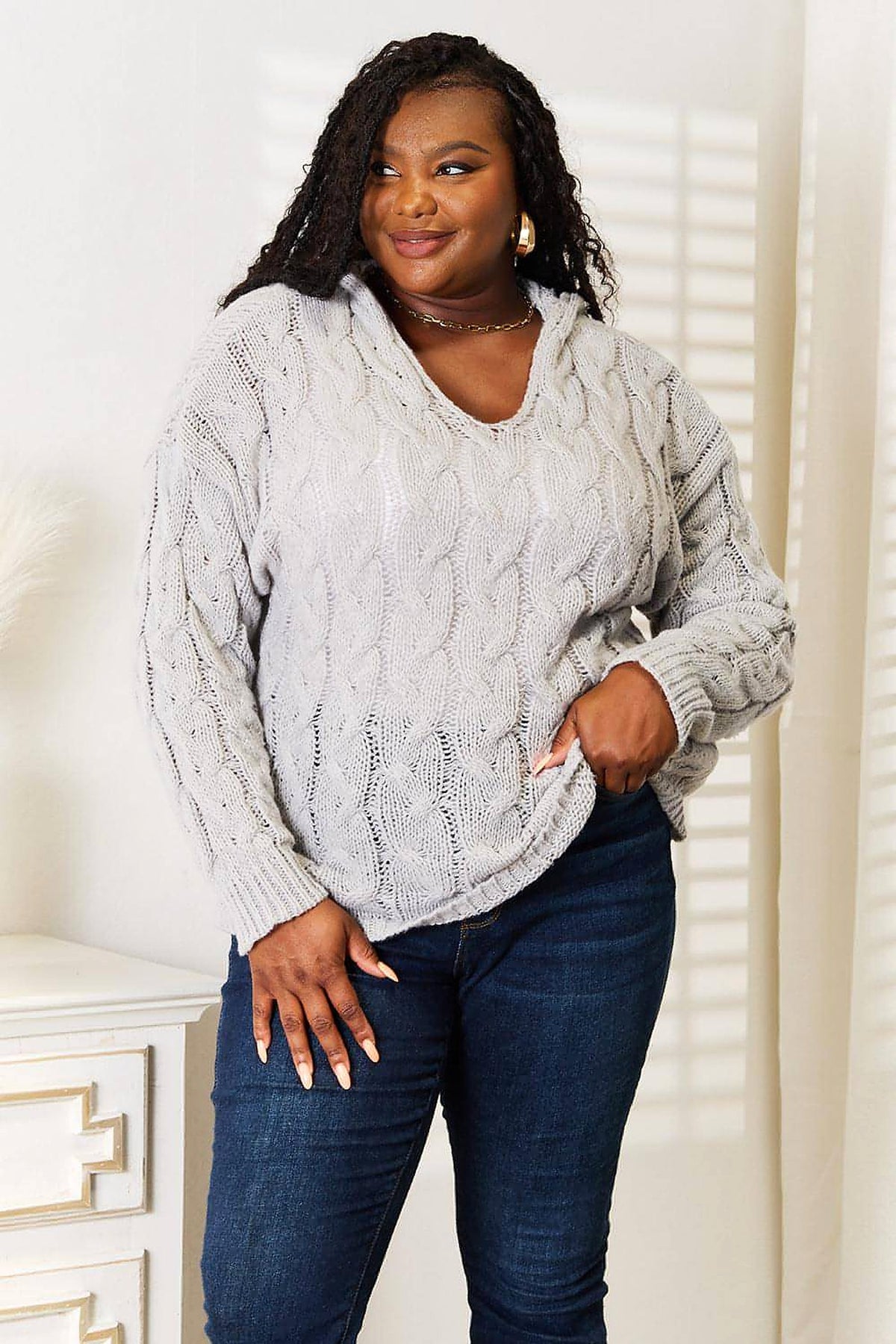Woven Right Cable-Knit Hooded Sweater. - enhanced image 9