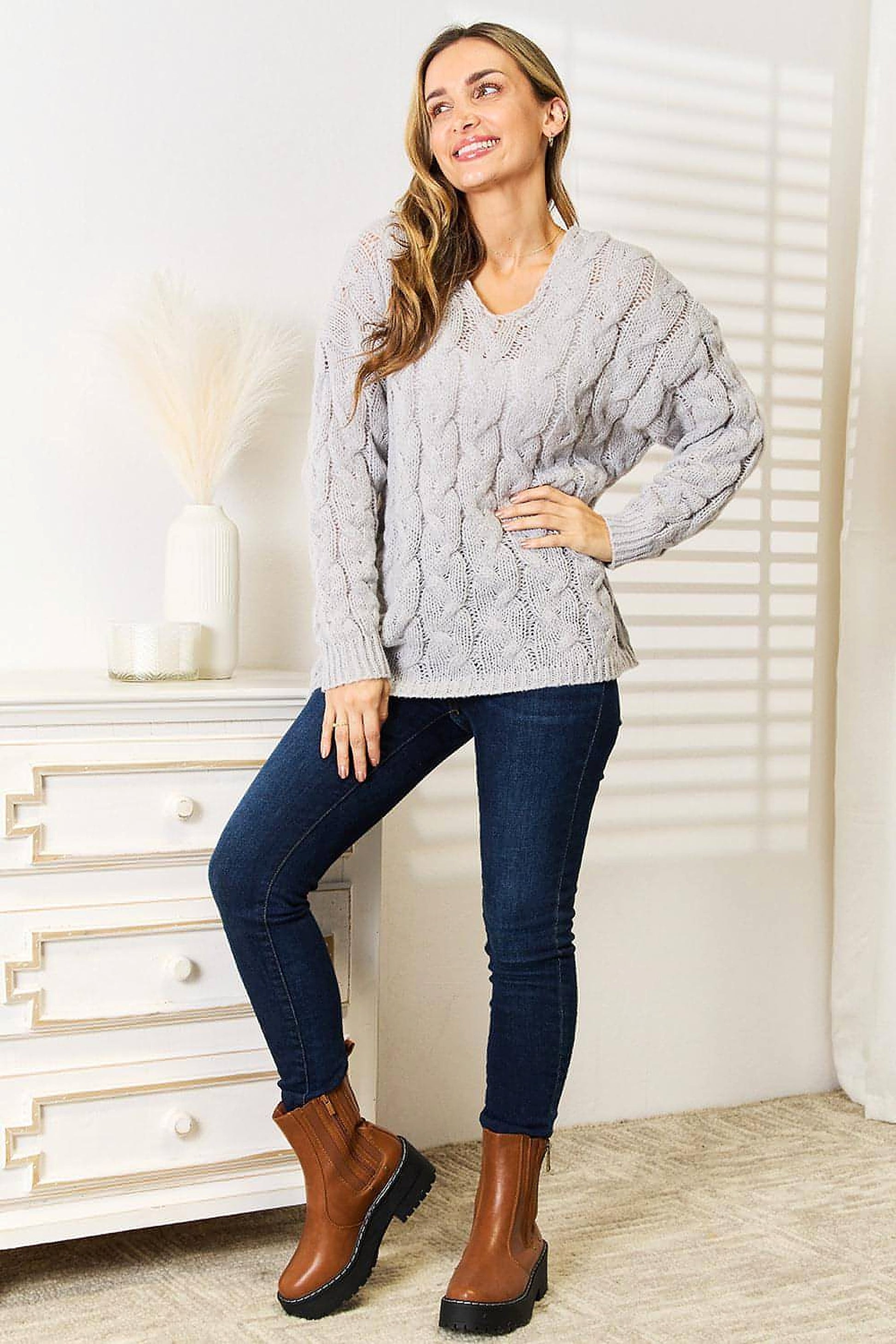 Woven Right Cable-Knit Hooded Sweater. - enhanced image 9
