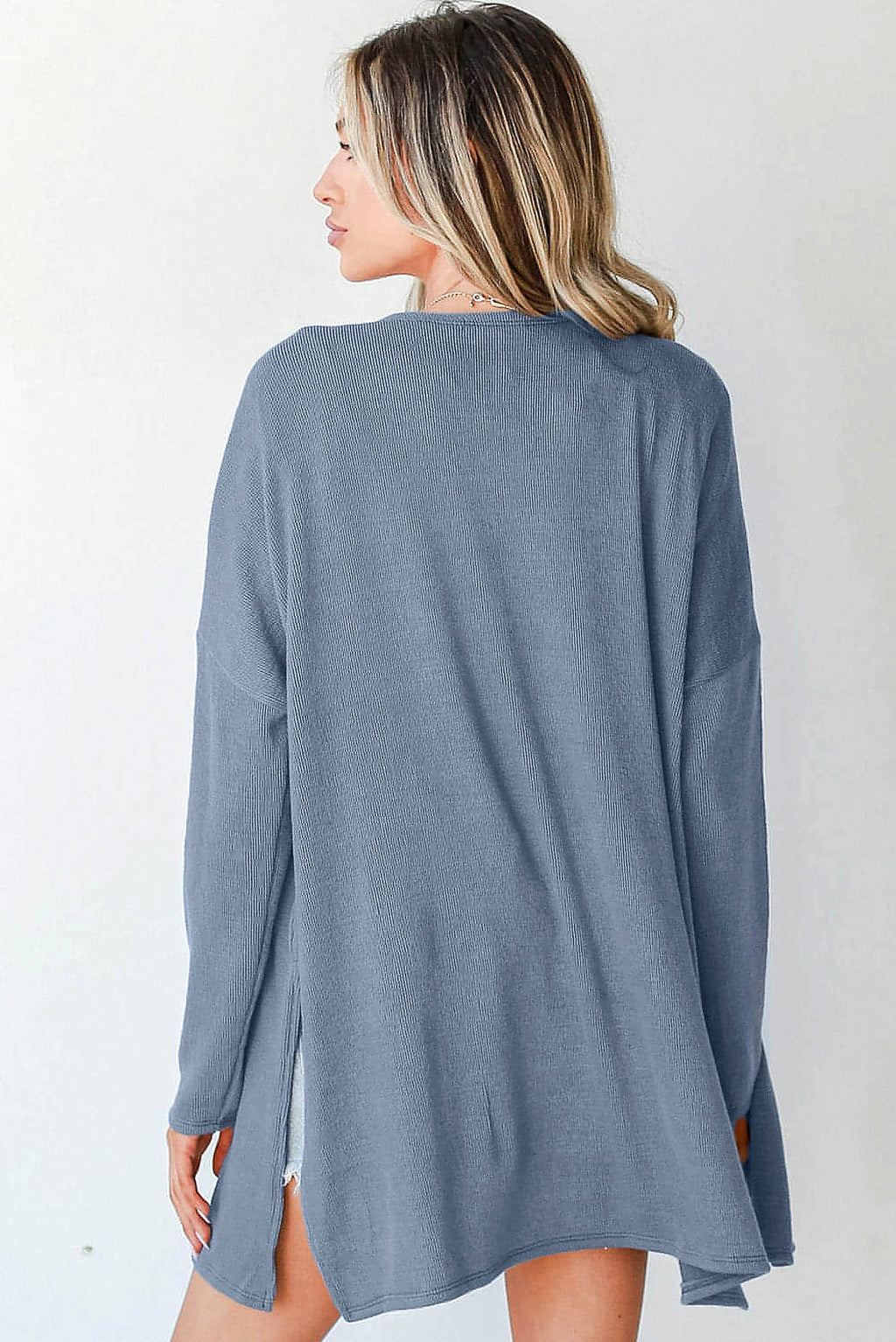 Ashleigh Blue Solid Color Rib Knit Open Front Tunic Cardigan - enhanced image 10