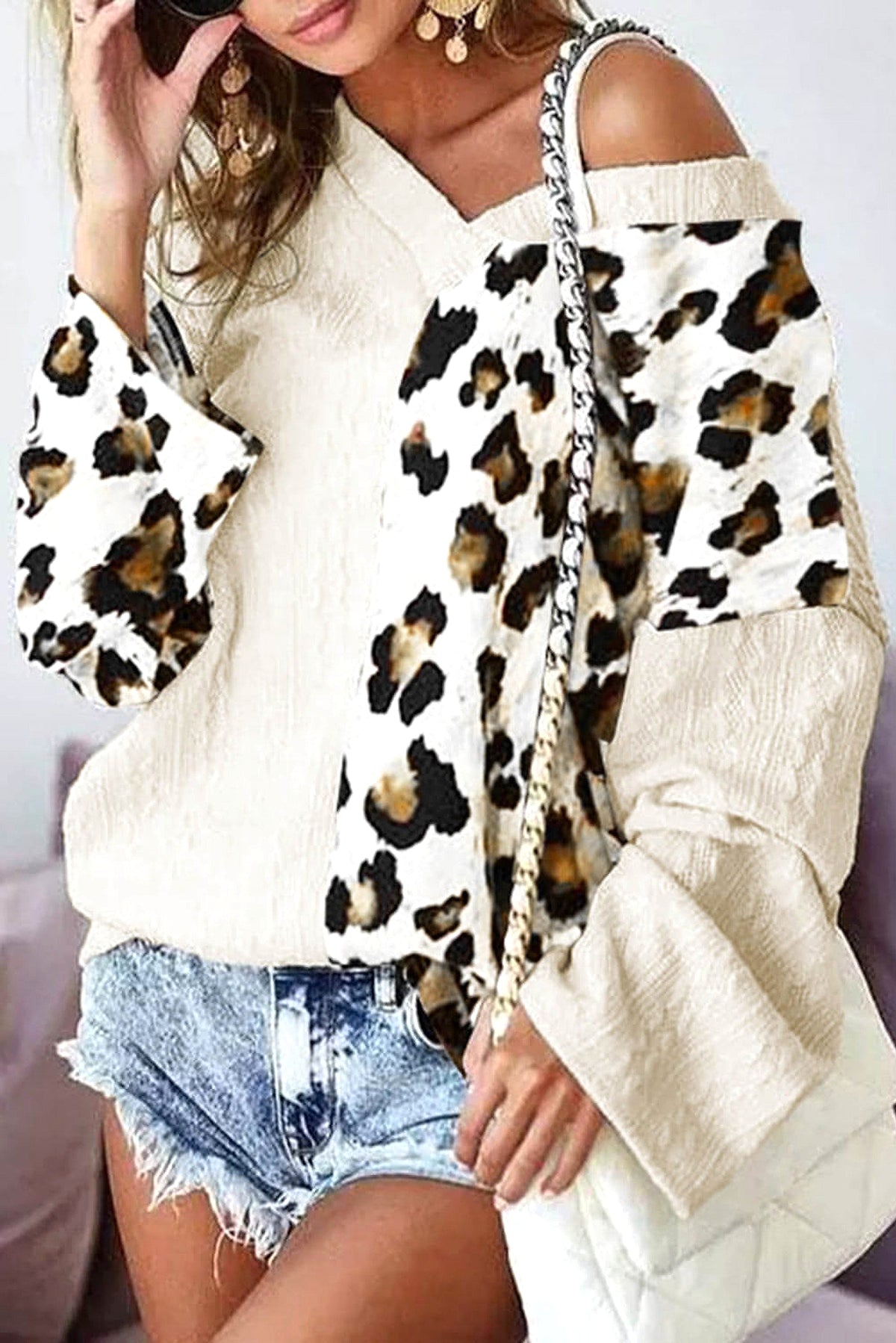 Beige Asymmetric Leopard Patchwork Wide Sleeve V Neck Sweater - enhanced image 10