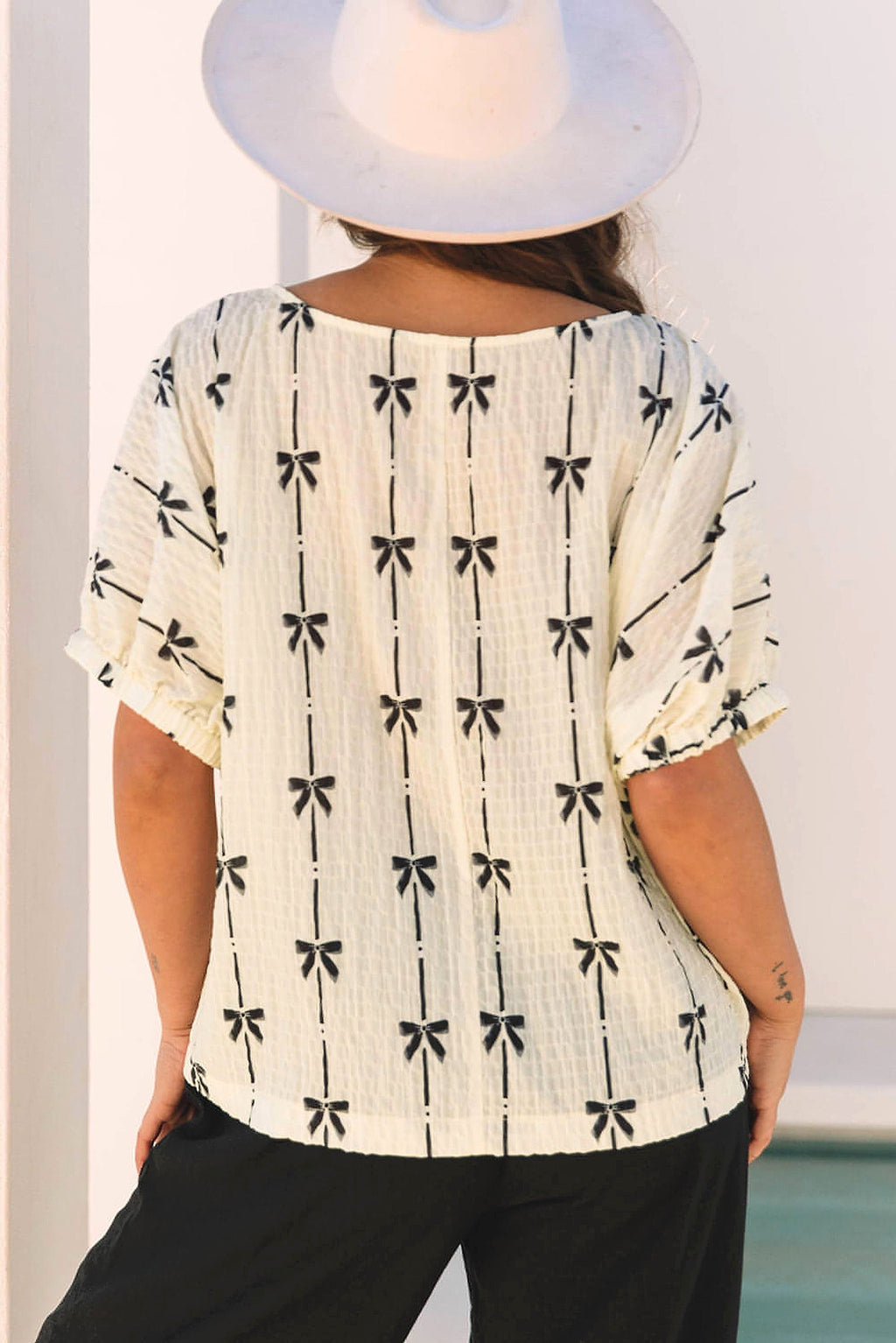 Beige Bow Print Puff Short Sleeve Top - enhanced image 10