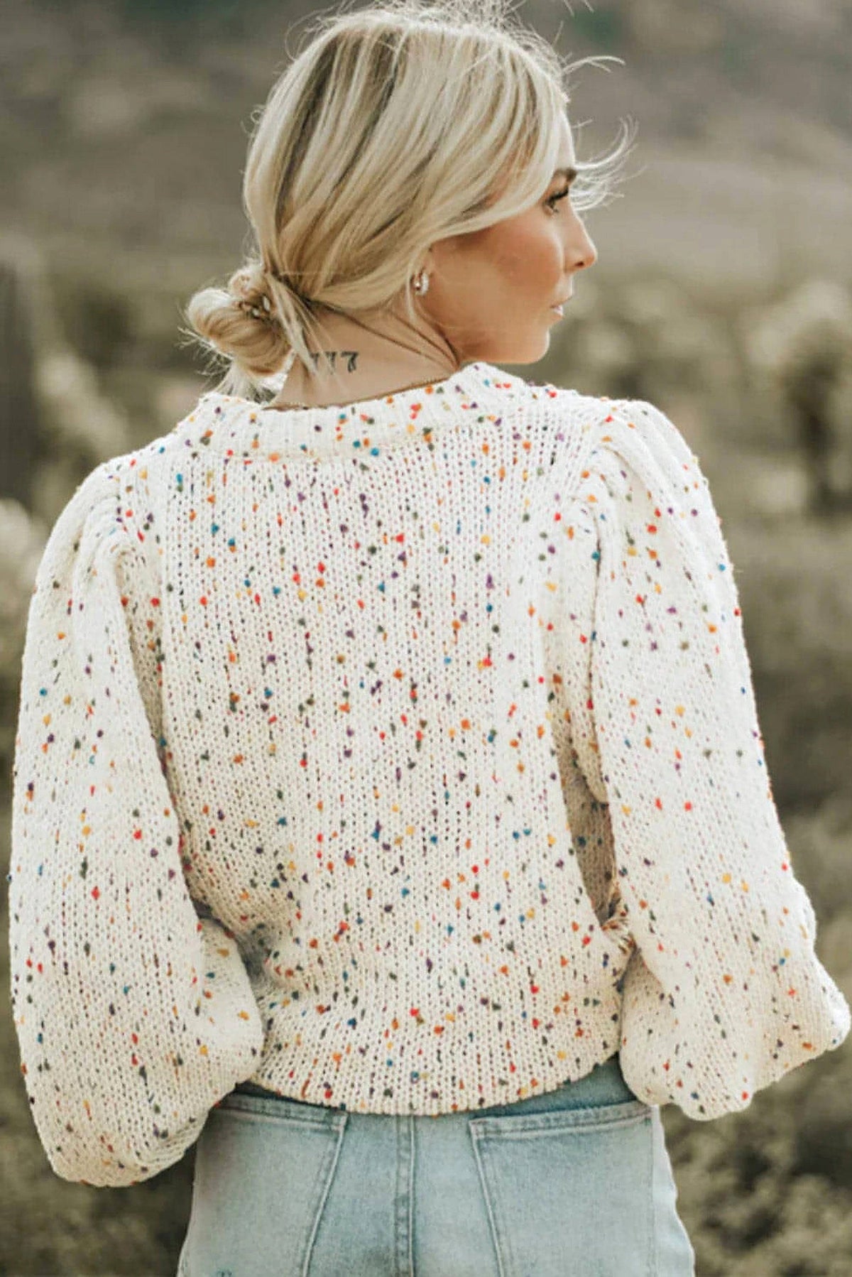 Beige Colorful Confetti Dots Cable Knit Crew Neck Sweater - enhanced image 10