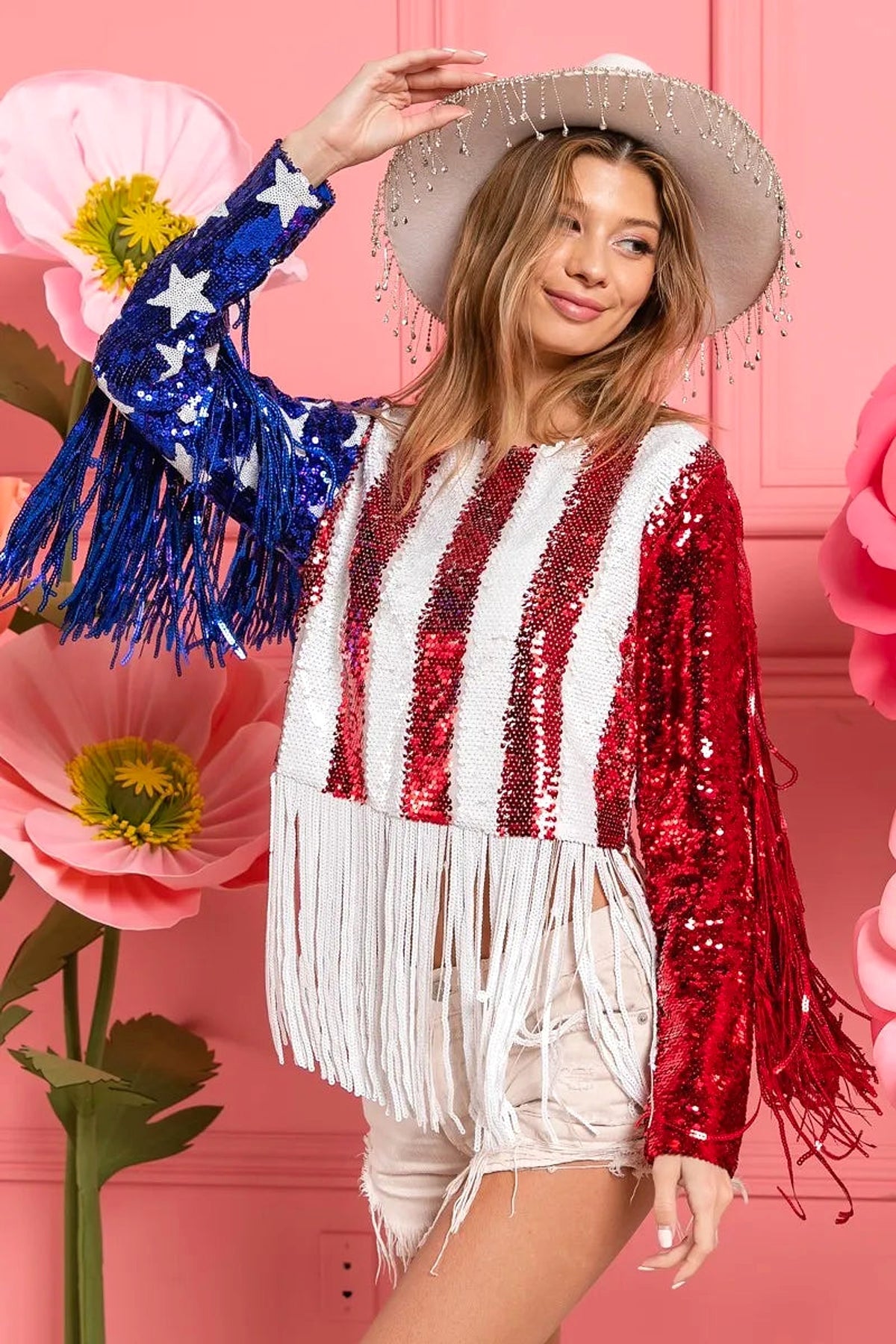 BiBi American Flag Theme Fringe Detailed Sequins Crop Top - enhanced image 10