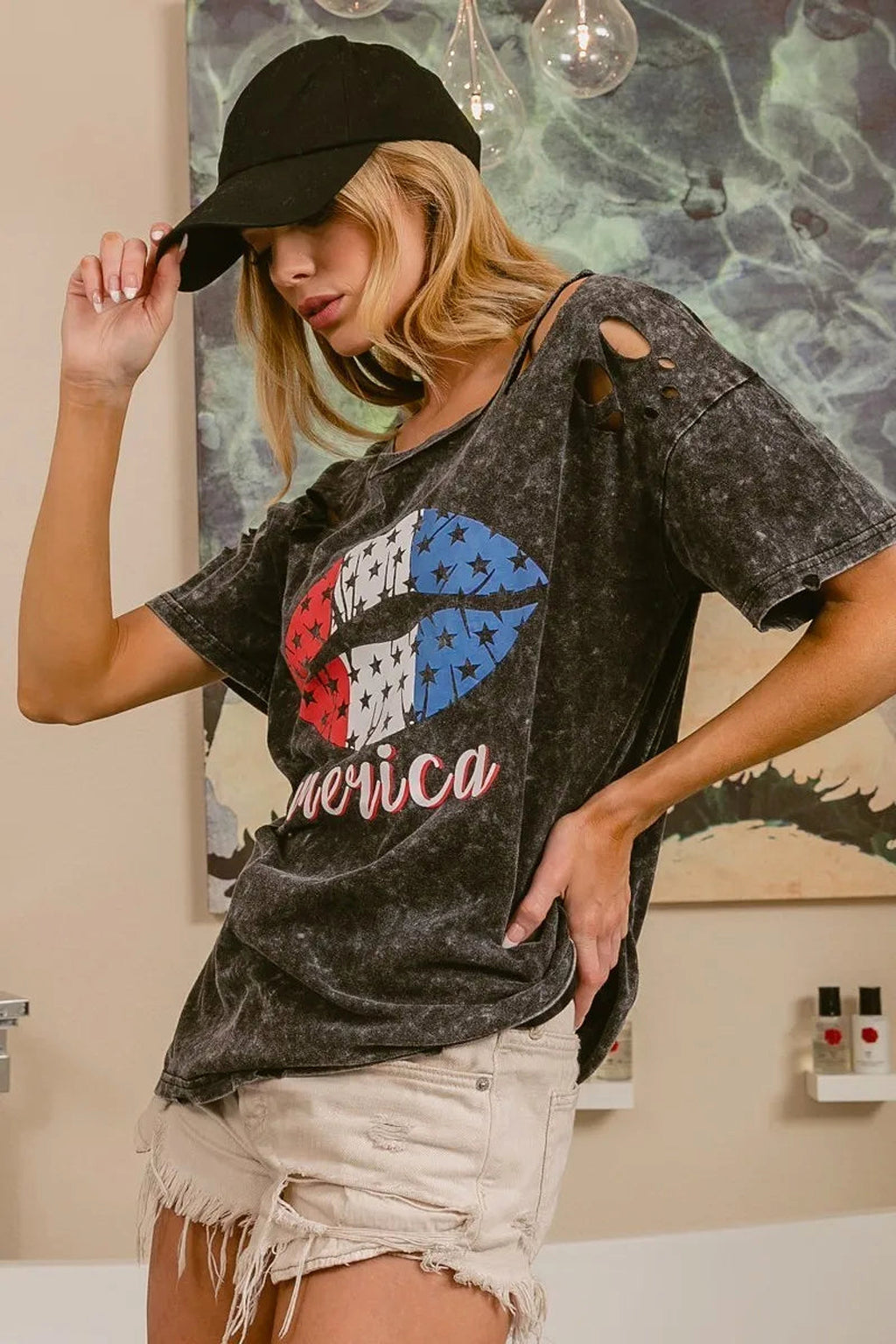 BiBi Laser Cut Mineral Washed Old Glory Lip Print Top - enhanced image 10