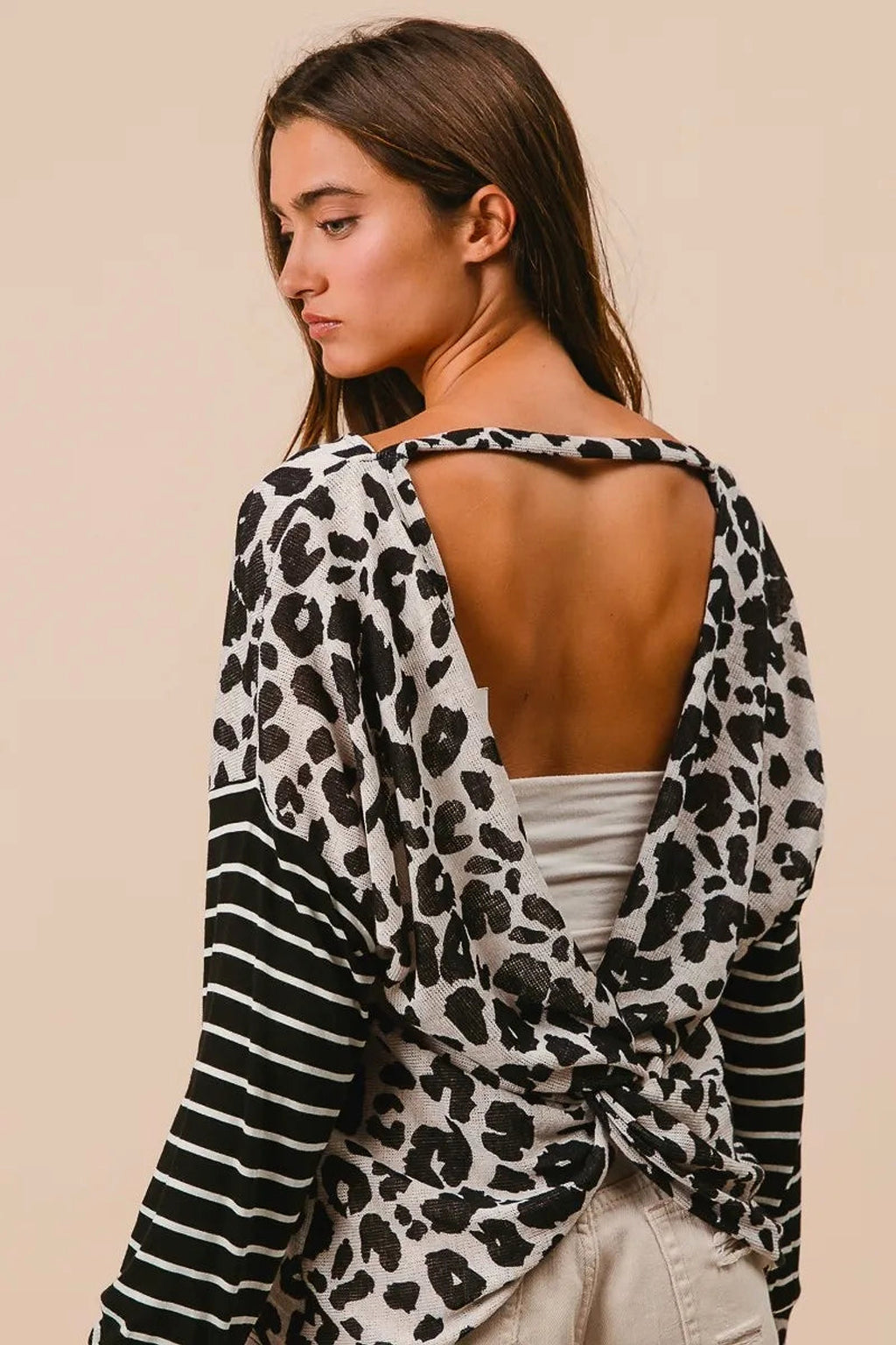 BiBi Leopard Hacci Knit Twist Back Top With Stripe Sleeve - enhanced image 10
