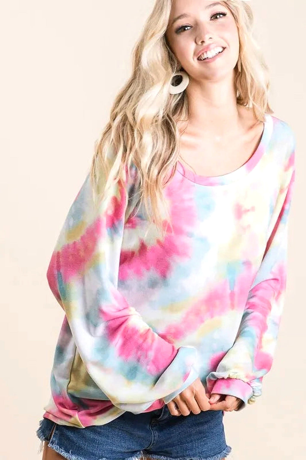 BiBi Tie Dye Print Terry Top With Puff Sleeves - enhanced image 10
