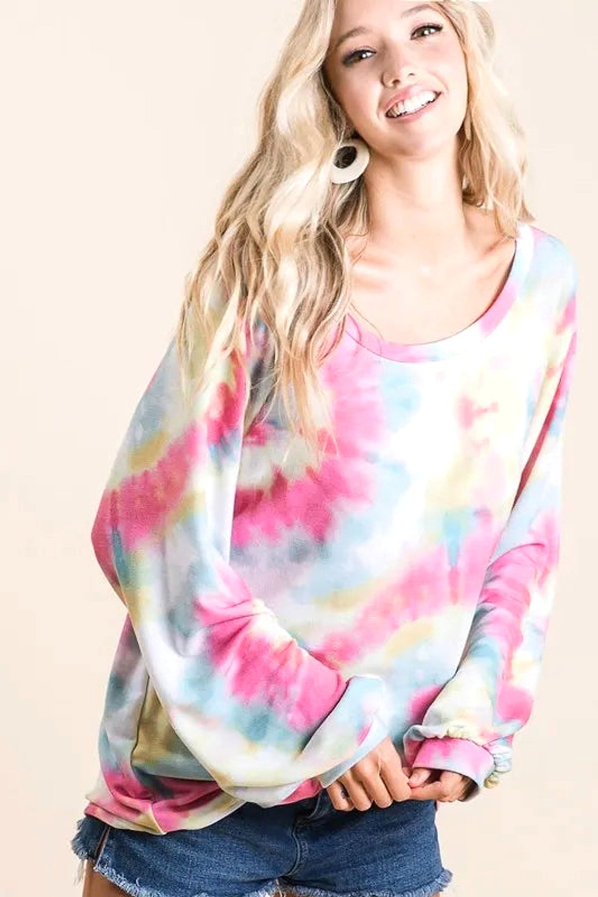 BiBi Tie Dye Print Terry Top With Puff Sleeves - enhanced image 10