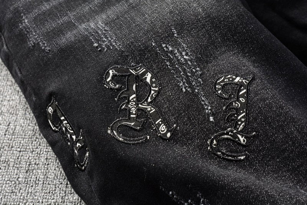 Black Cashew Flower Printed Patch Torn Jeans For Men - enhanced image 10