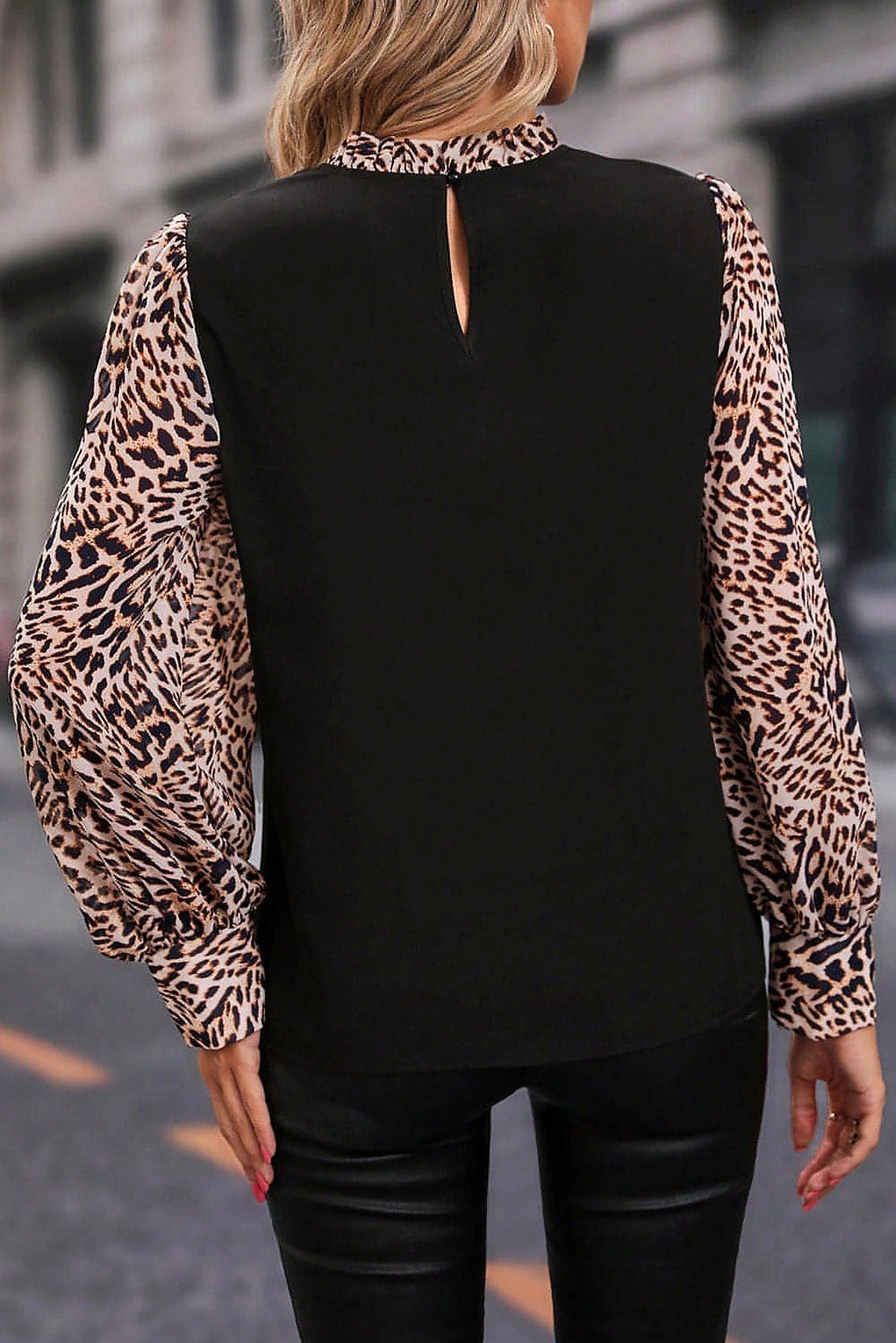Black Contrast Leopard Print Lantern Sleeve Blouse - enhanced image 10