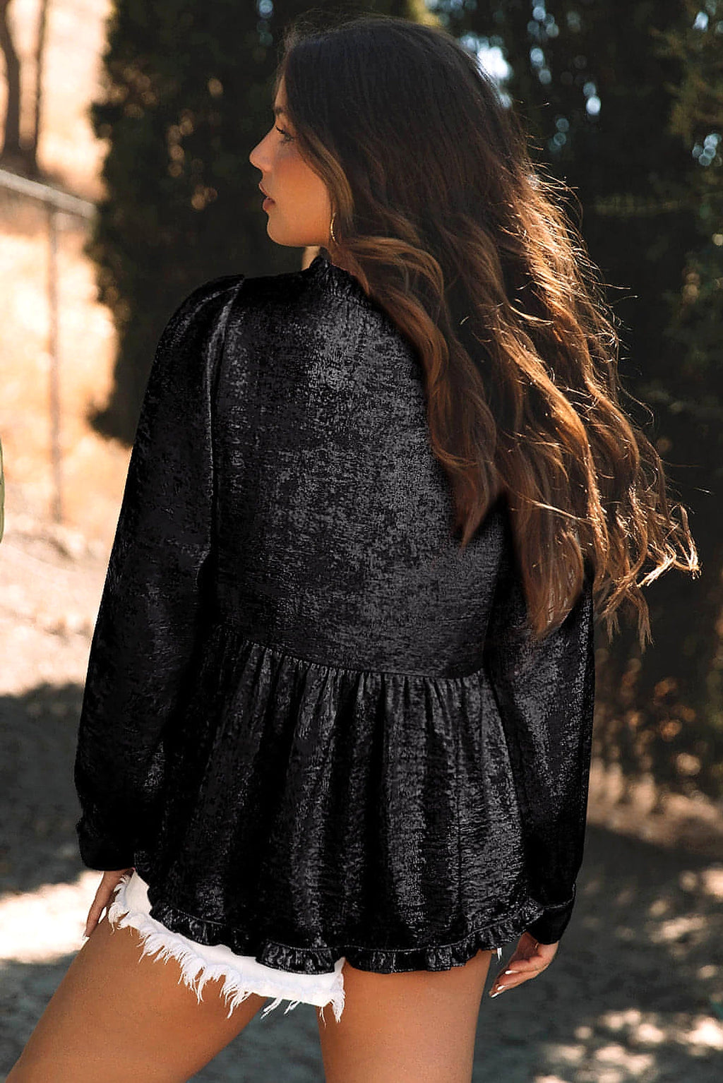Black Metallic Frilled V Neck Puff Sleeve Babydoll Blouse - enhanced image 10
