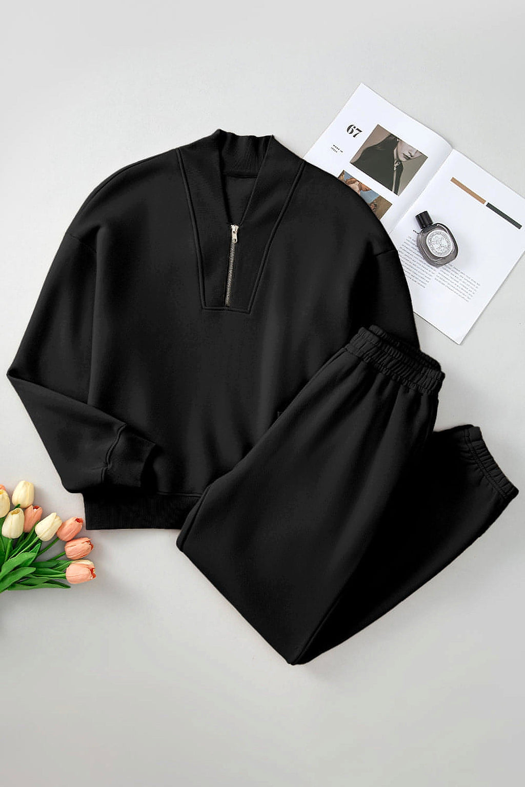 Black Plain Half Zip V Neck Ribbed Edge Loose Tracksuit - enhanced image 10