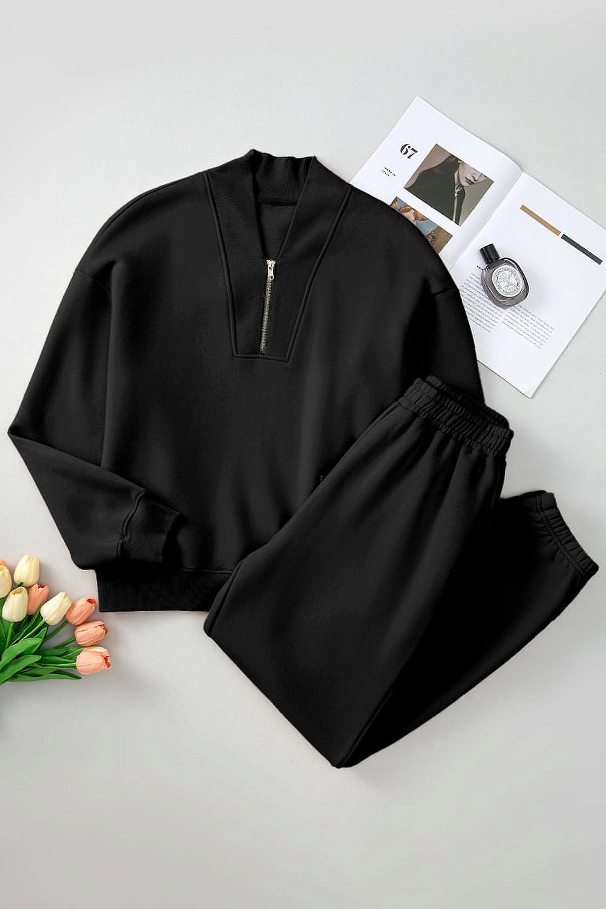 Black Plain Half Zip V Neck Ribbed Edge Loose Tracksuit - enhanced image 10