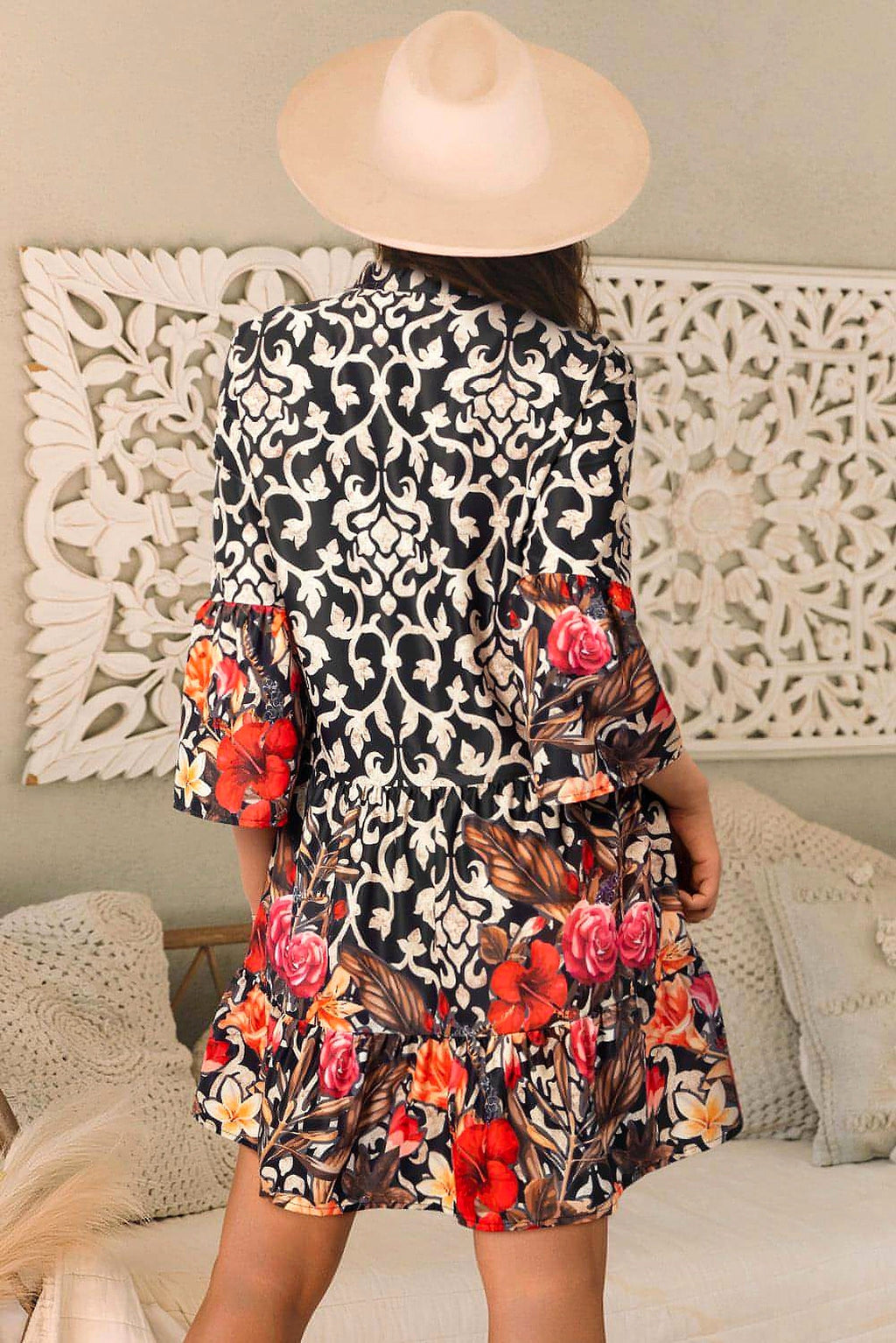 Black Retro Floral Mixed Print Split Neck A-line Dress - enhanced image 10