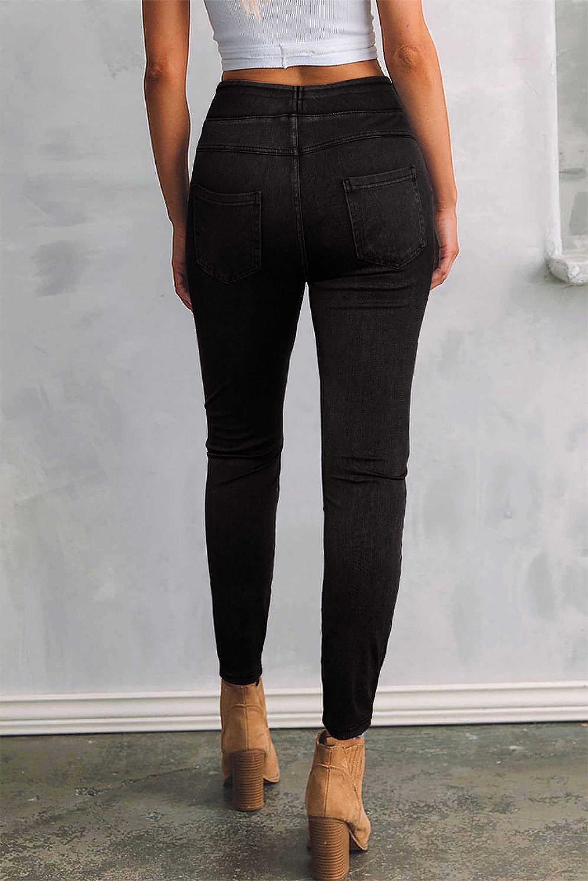 Black Solid Color High Waist Stretchy Slim Fit Jeggings - enhanced image 10
