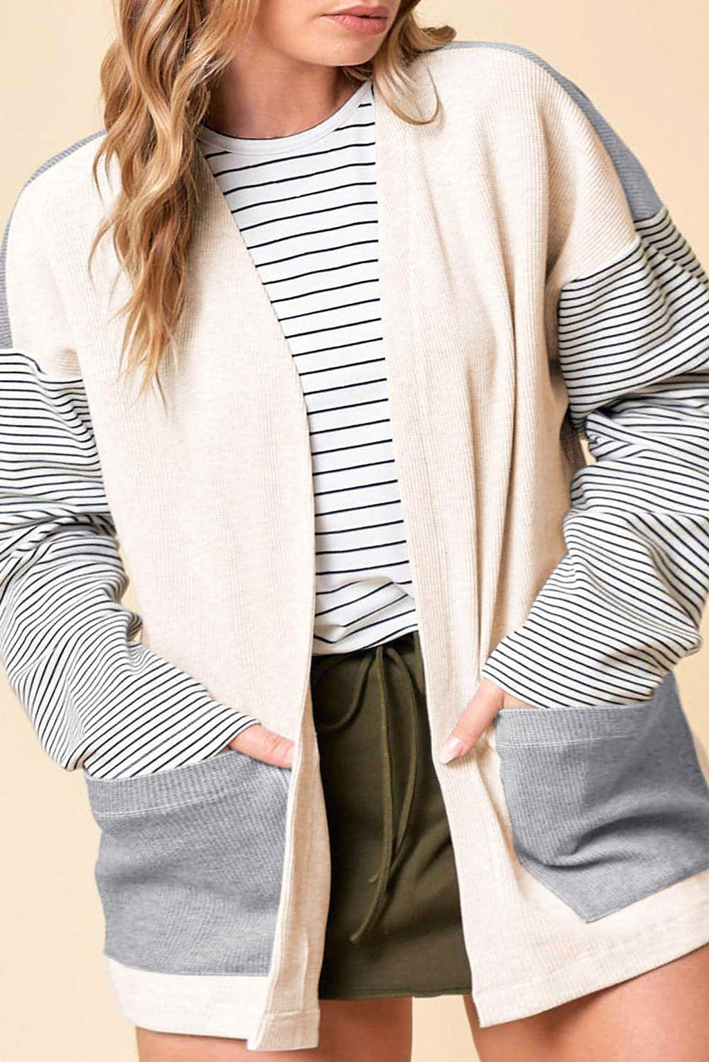 Black Stripe Colorblock Patchwork Open Front Cardigan with Pocket - enhanced image 10