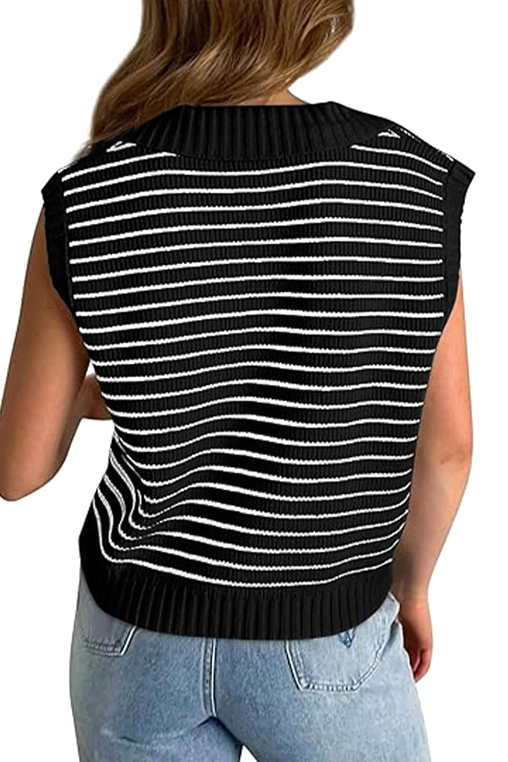 Black Stripe Turn-down V Neck Sweater Tank Top - enhanced image 10