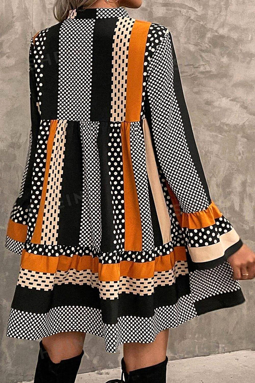Black Striped Polka Dot Print Ruffled Hem V Neck Mini Dress - enhanced image 10