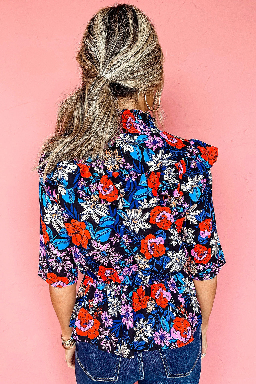 Blue Floral Print Ruffle Peplum Top - enhanced image 10