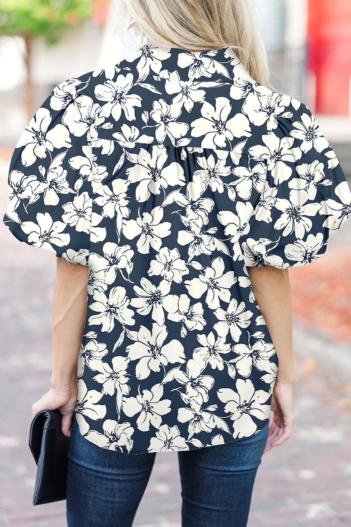 Blue Floral Short Puff Sleeve Summer Shirt - enhanced image 10