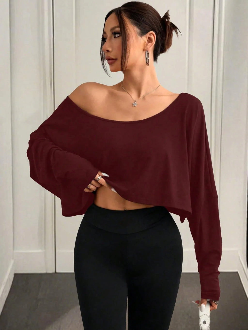 Boat Neck Long Sleeve Crop Top - enhanced image 10