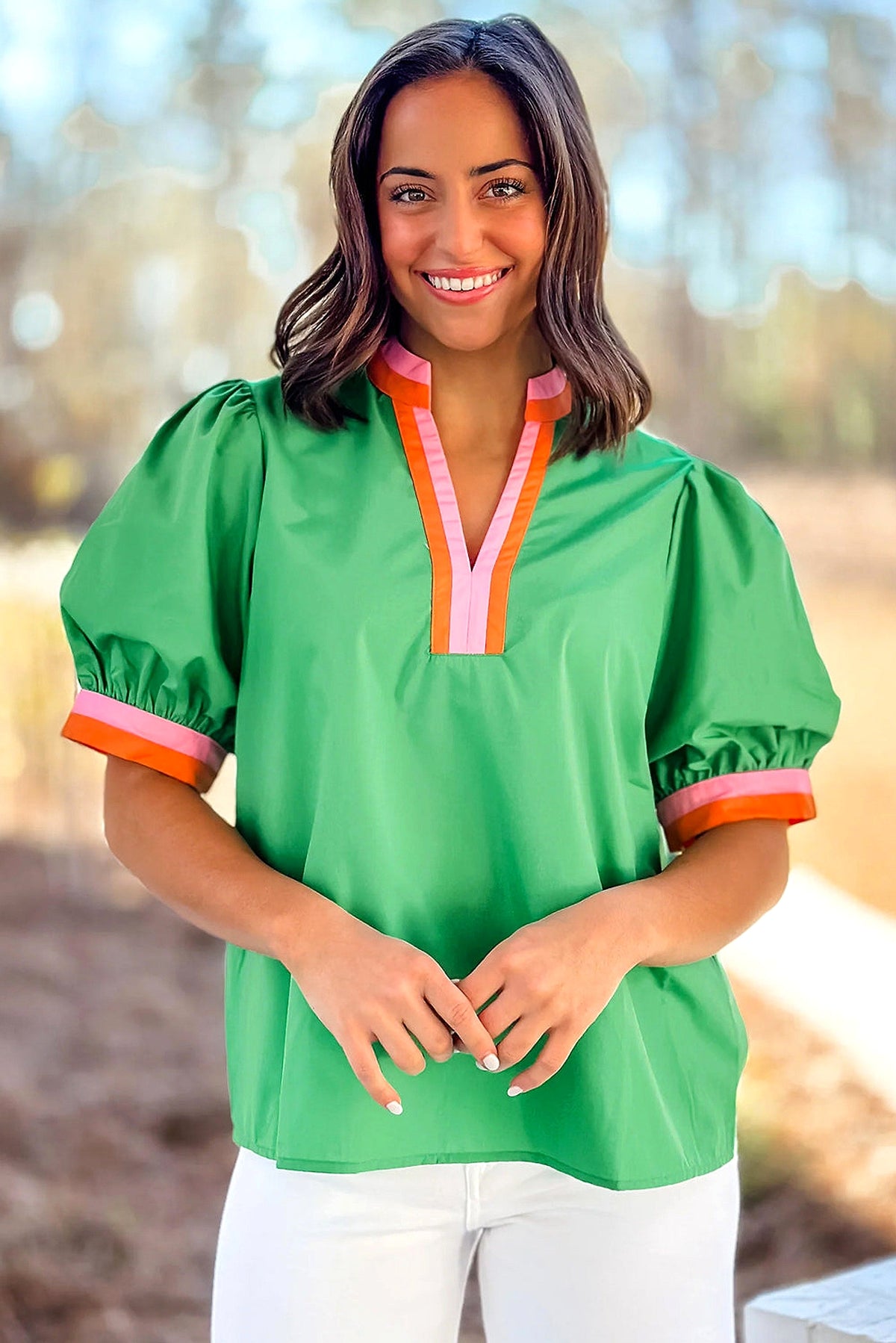 Bright Green Contrast Striped V Neck Collision Short Puff Sleeve Blouse - enhanced image 10