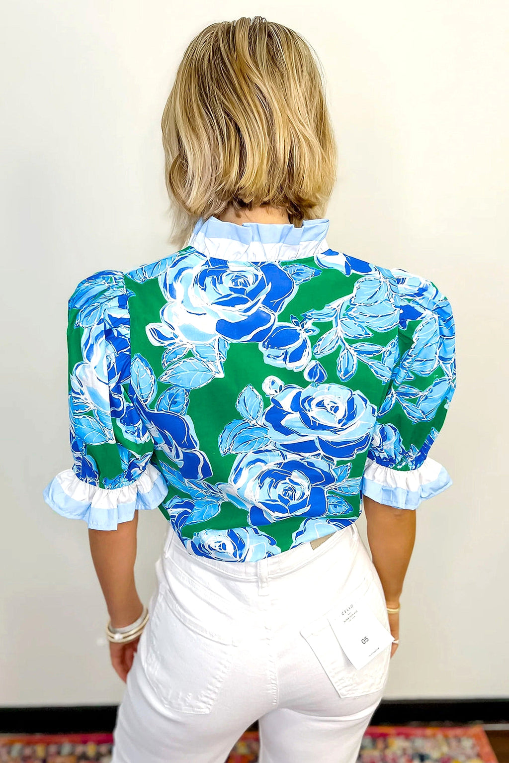 Bright Green Floral Frilled V Neck Short Sleeve Blouse Top - enhanced image 10
