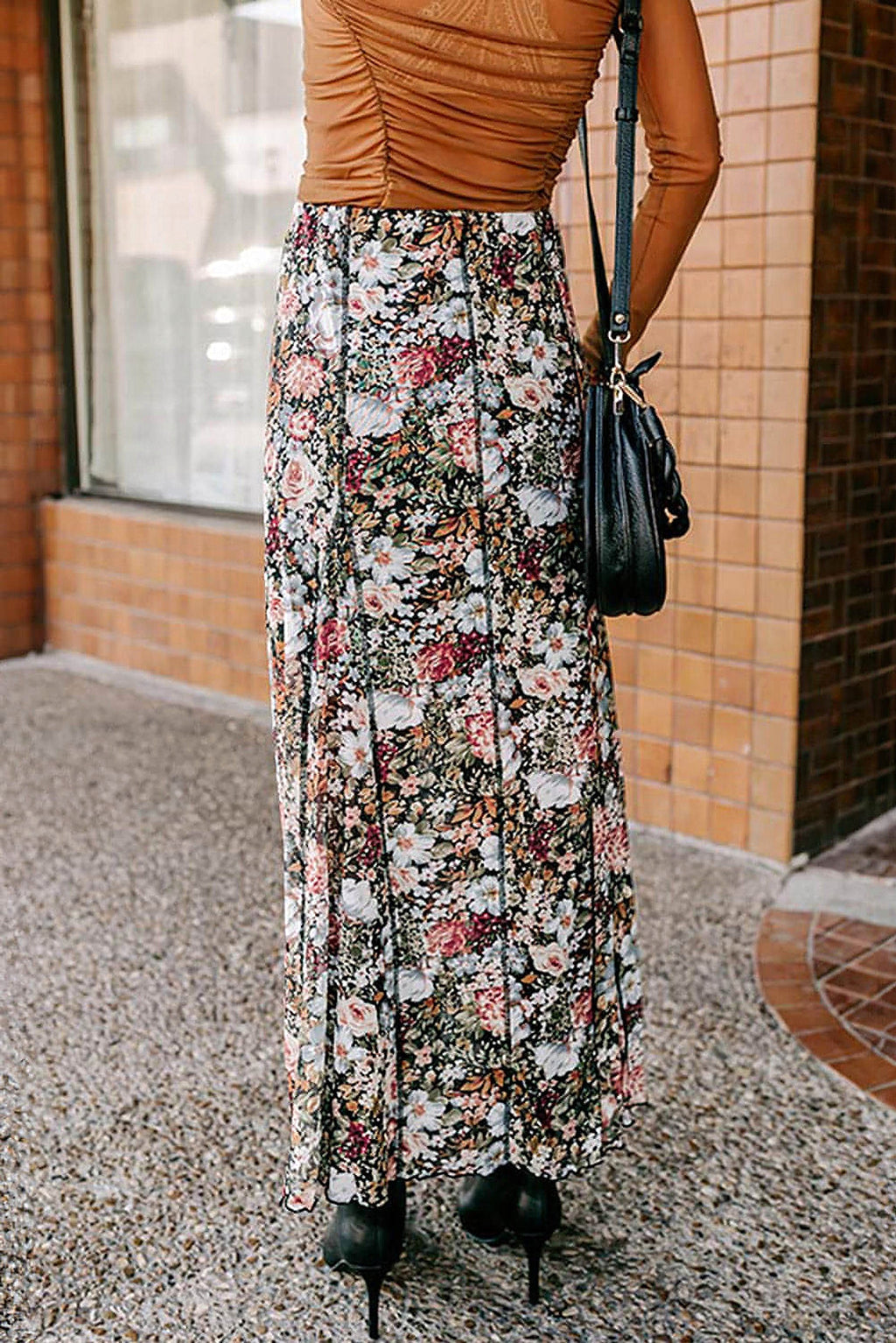 Brown Floral Print High Waist Maxi Skirt - enhanced image 10