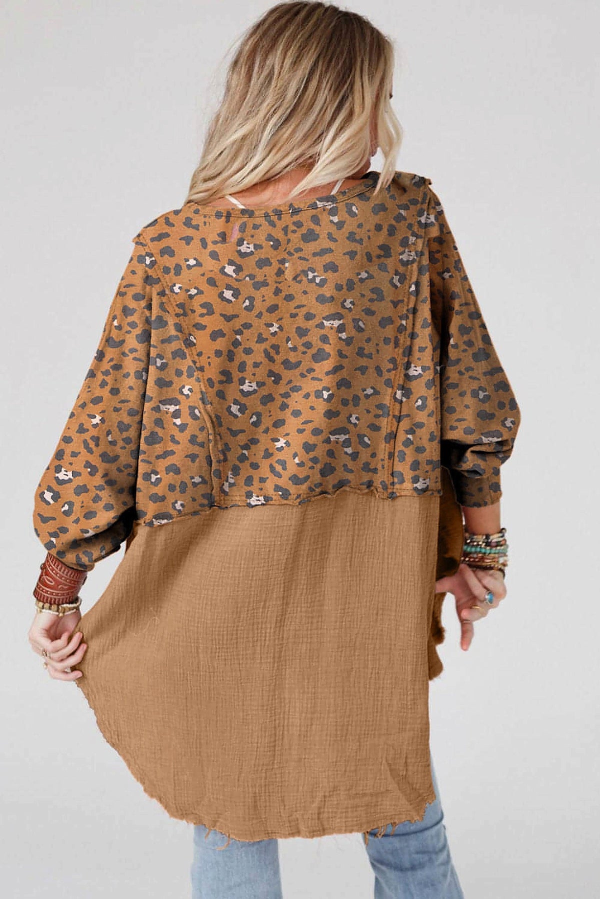 Brown Printed Raw Edge Leopard Patchwork Oversized Blouse - enhanced image 10