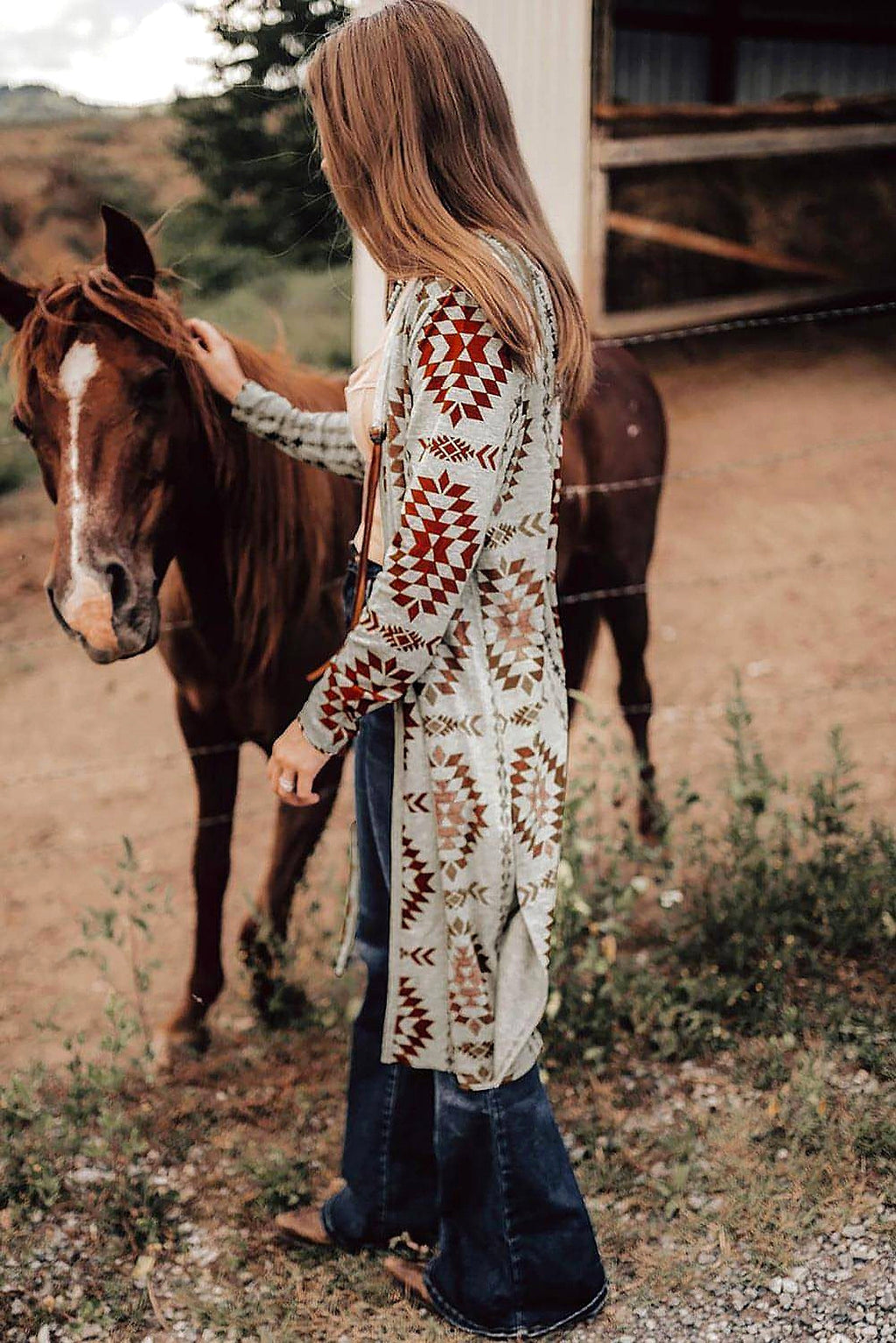 Brown Western Aztec Printed Open Front Long Cardigan - enhanced image 10