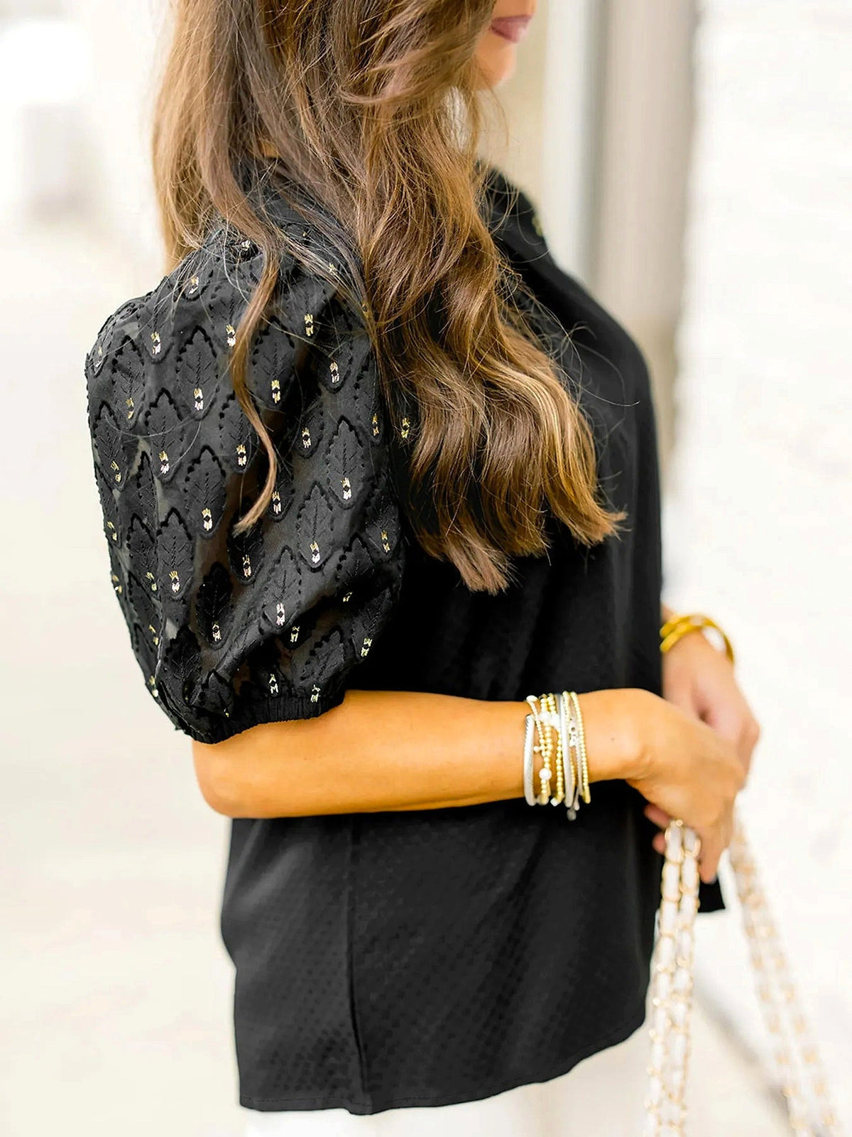Bubble Sleeve Patchwork Textured Blouse - enhanced image 10