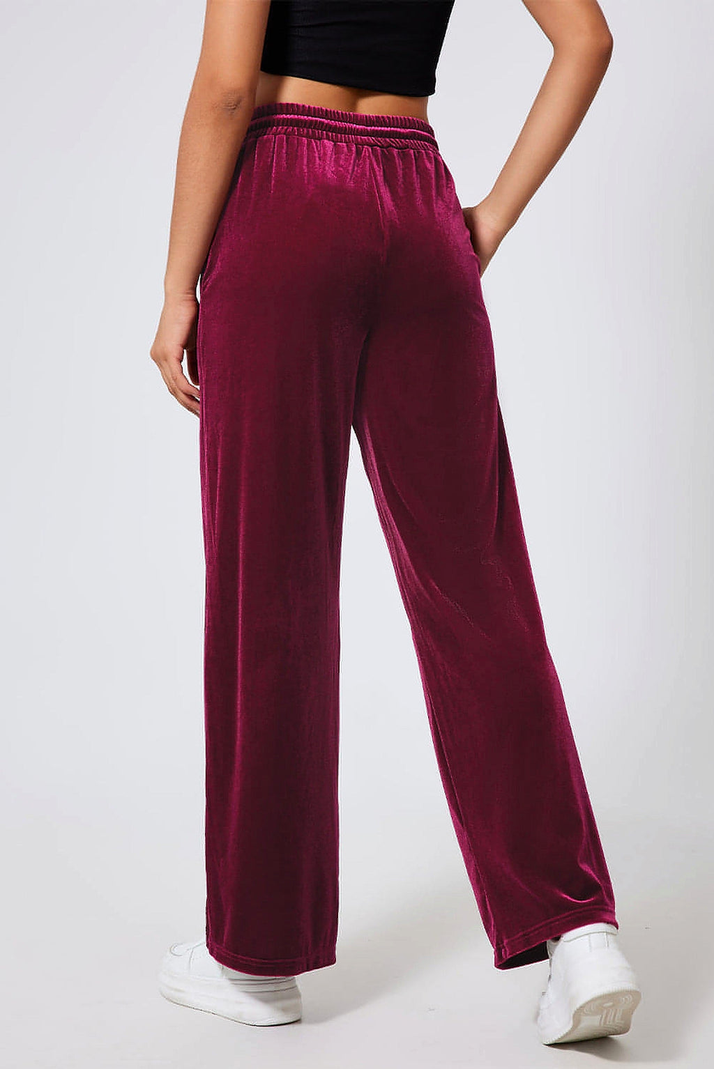 Burgundy Solid Drawstring Waist Wide Leg Pants - enhanced image 10