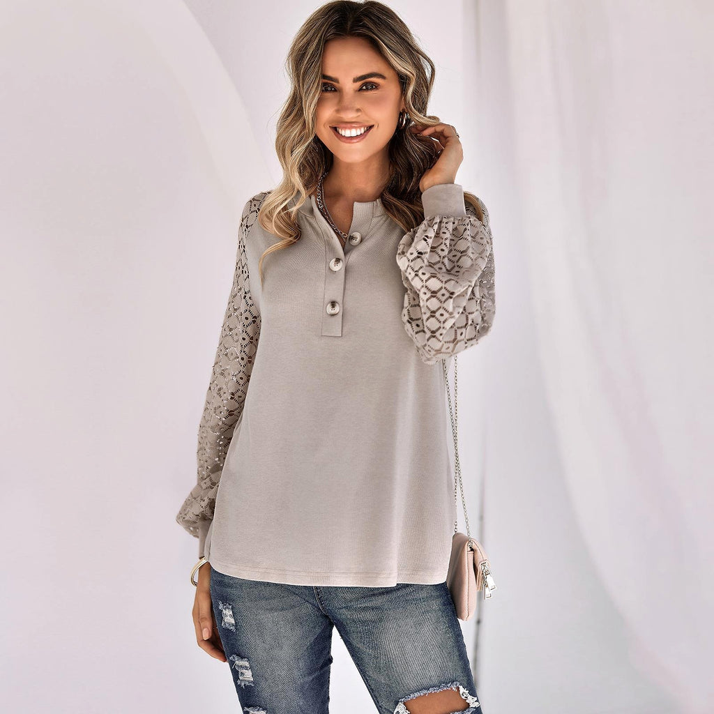 Casual Lace Button Top Women T-Shirt - enhanced image 10