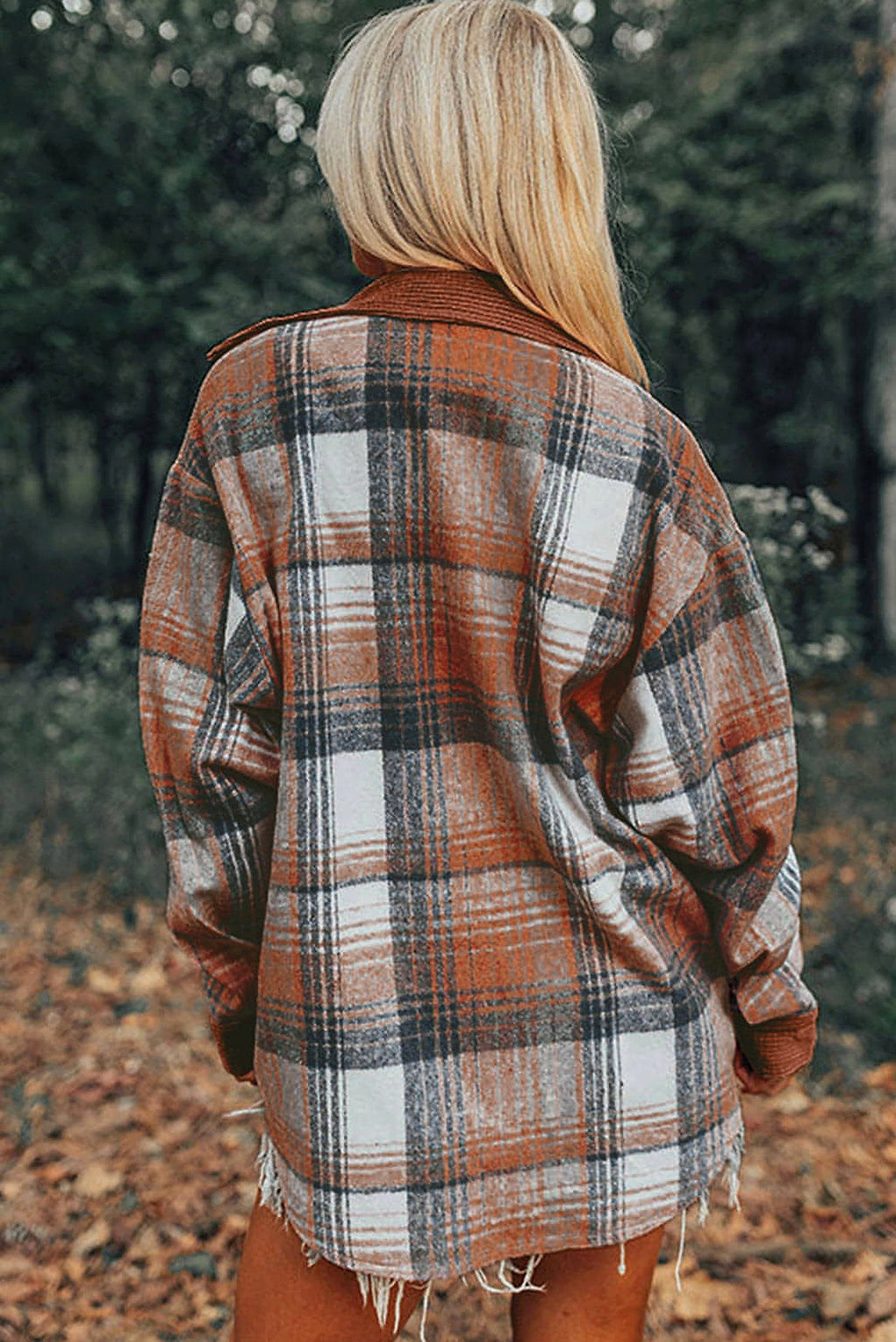Cinnamon Plaid Corduroy Patchwork Chest Pocket Shacket - enhanced image 10