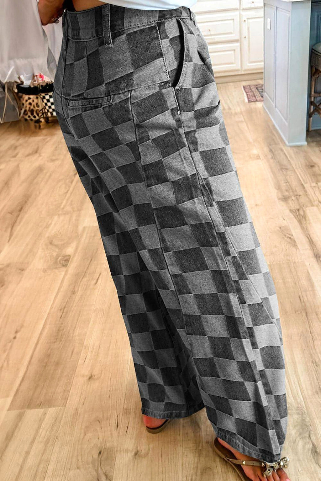 Dark Grey Checkered Denim Wide Leg Jeans - enhanced image 10