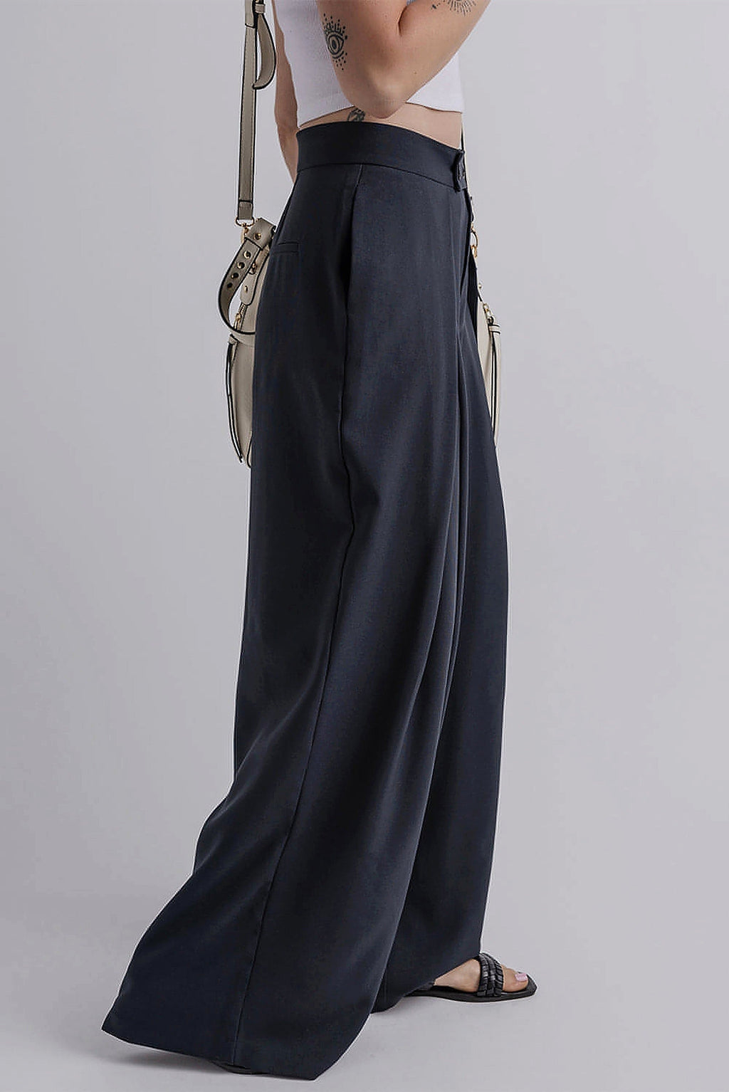 Dirty blue Dual Buttoned High Waist Pleated Wide Leg Pants - enhanced image 10