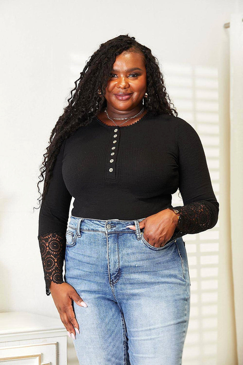 Double Take Crochet Lace Hem Sleeve Button Top - enhanced image 10