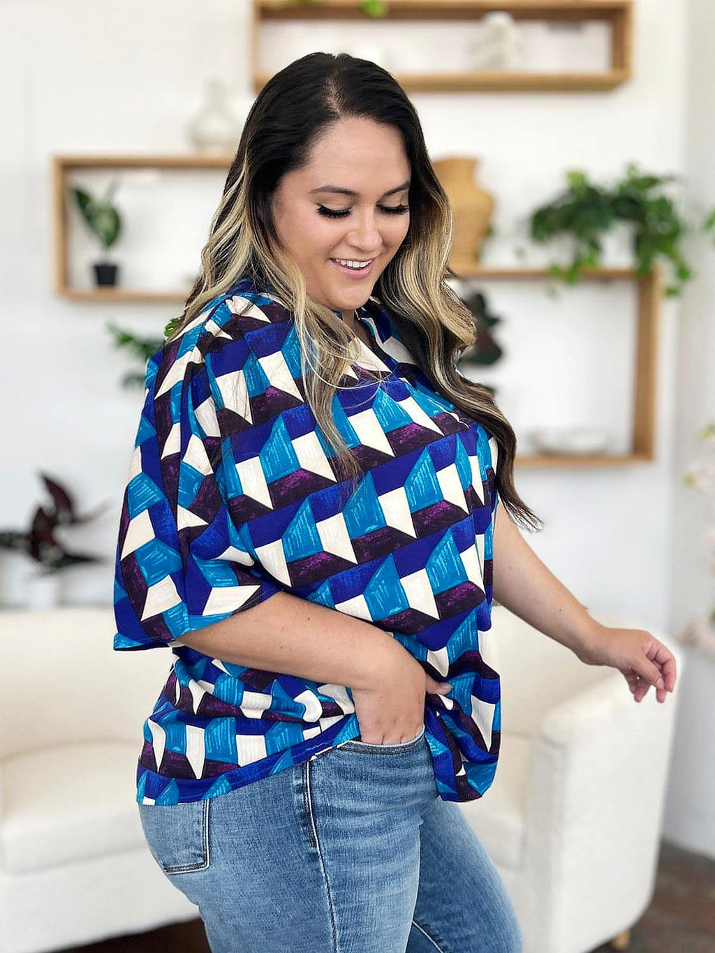 Double Take Full Size Geometric Notched Half Sleeve Blouse - enhanced image 10