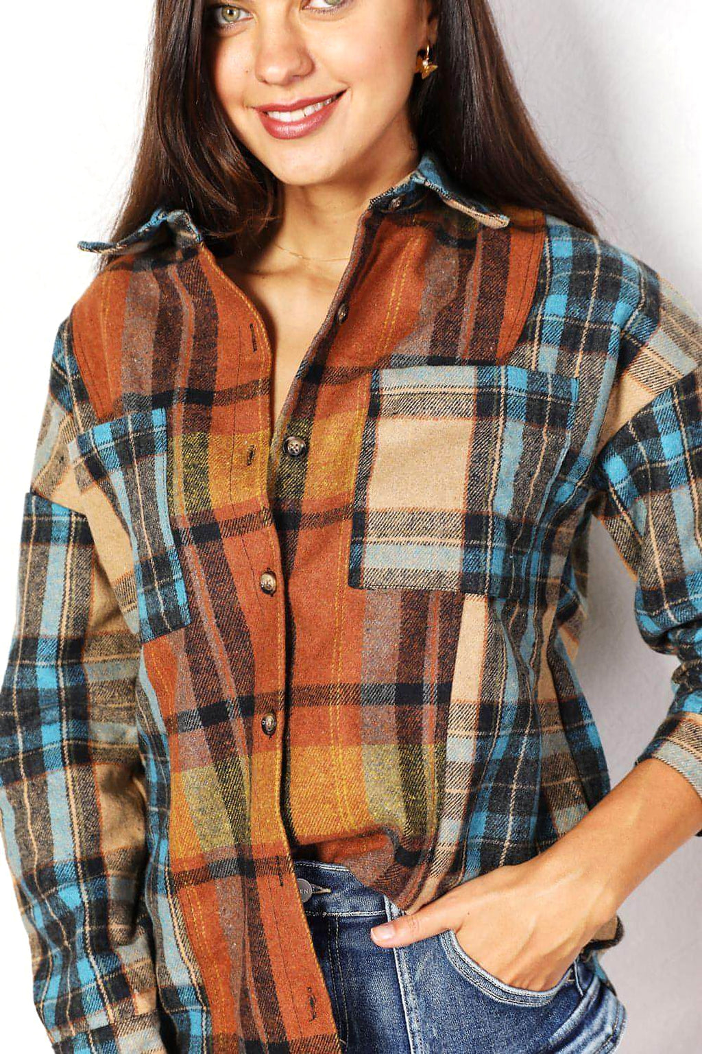 Double Take Plaid Curved Hem Shirt Jacket with Breast Pockets - enhanced image 10