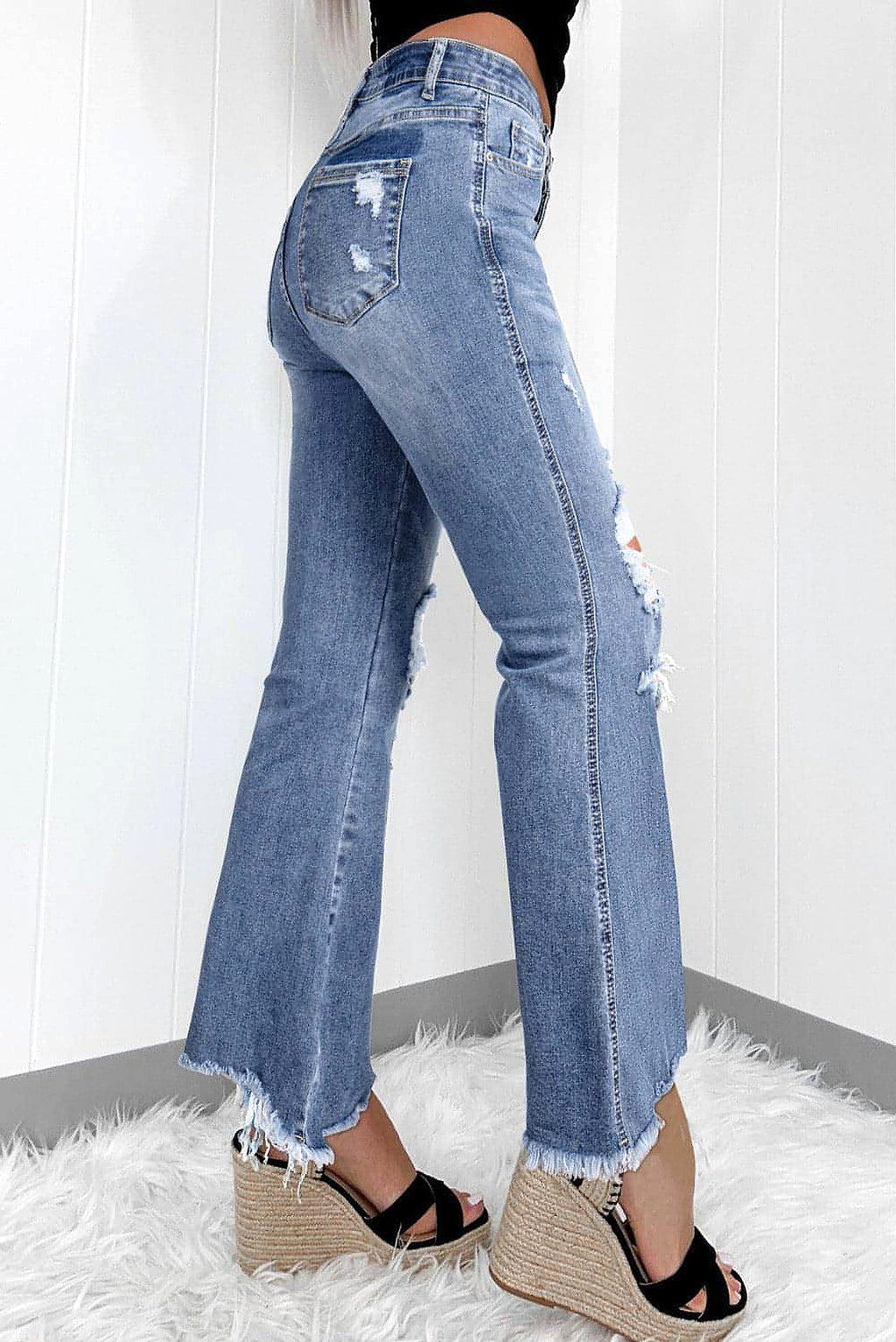Dusk Blue High Rise Ripped Distressed Hem Flared Jeans - enhanced image 10