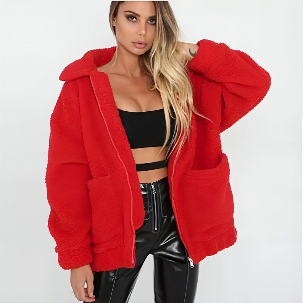 Faux lambswool oversized jacket coat Winter black warm hairly jacket Women autumn outerwear - enhanced image 10