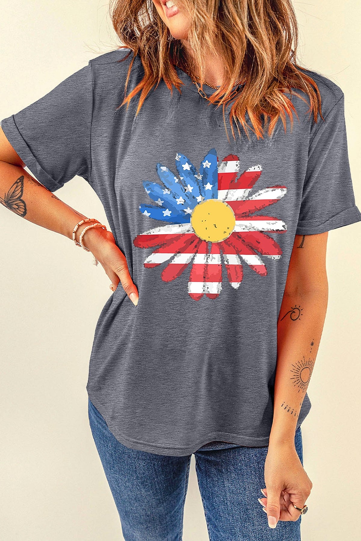 Gray Flag Pattern Sunflower Graphic Crew Neck Tee - enhanced image 10