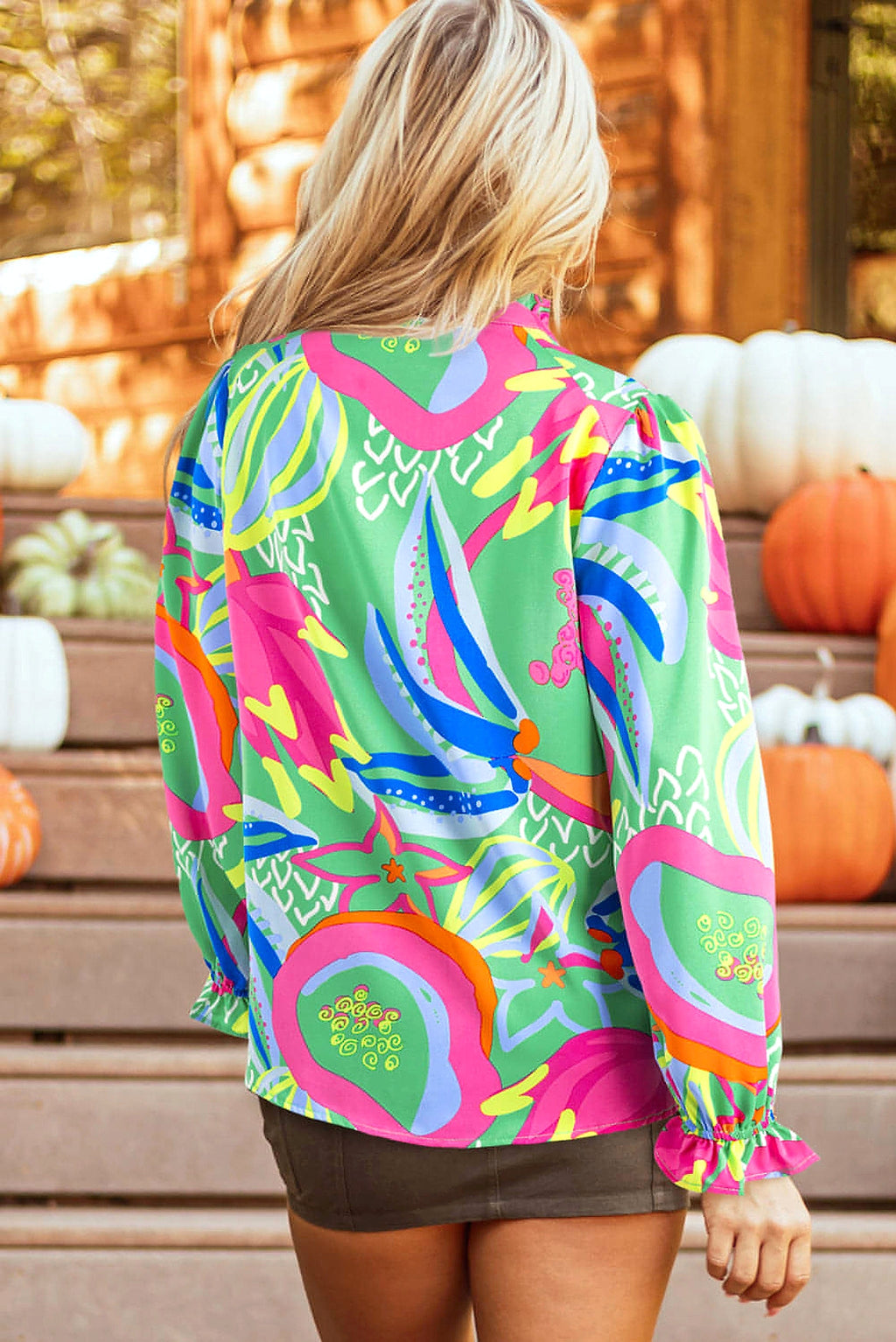Green Abstract Print Ruffled Sleeve Buttoned V Neck Blouse - enhanced image 10