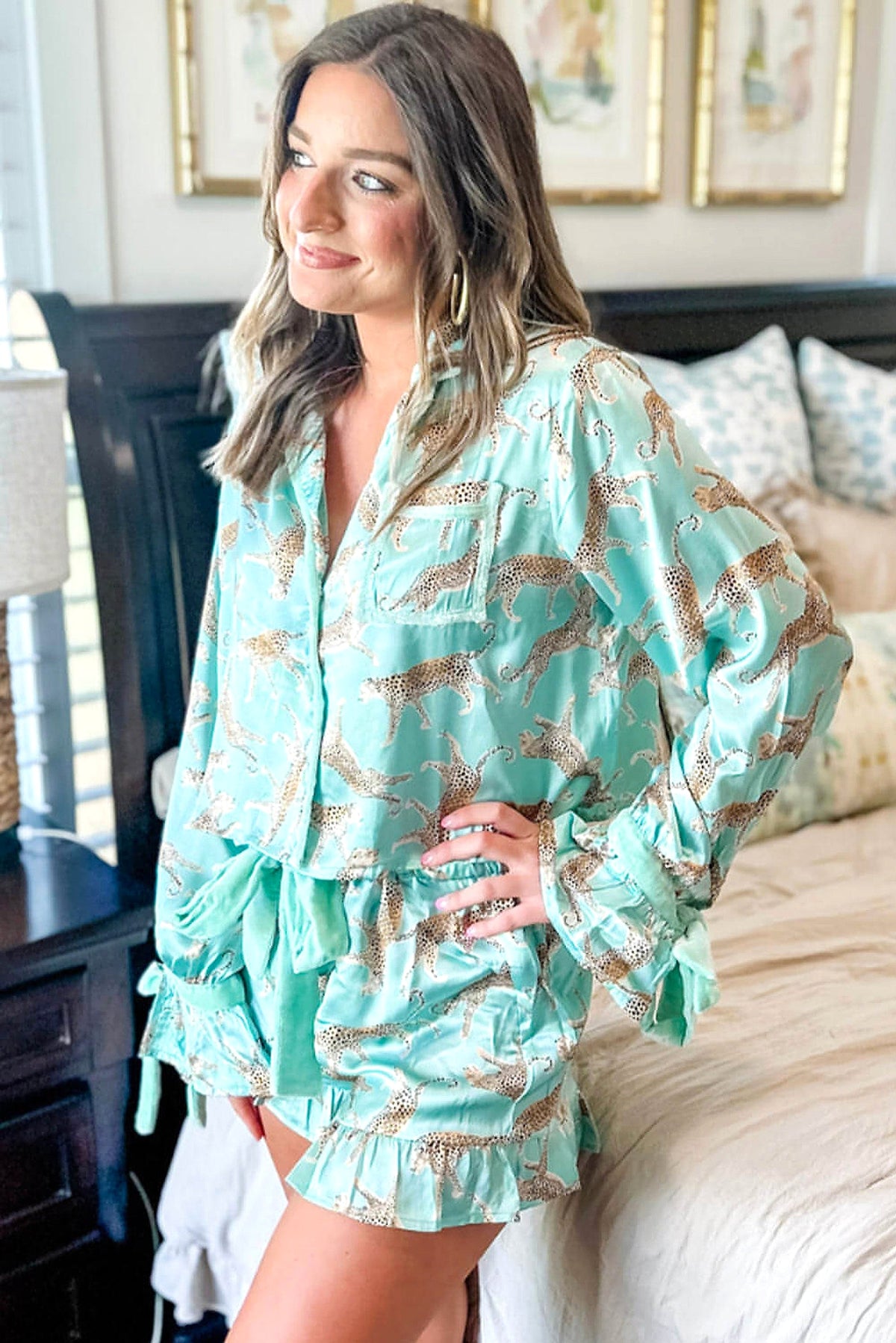 Green Leopard Satin Ruffle Pajama Short Set - enhanced image 10