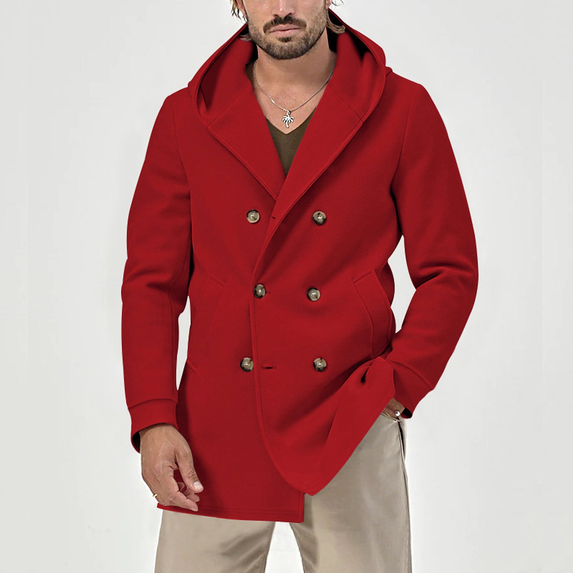 A1. Hooded Double-breasted Casual Mid-length Trench Coat - enhanced image 10