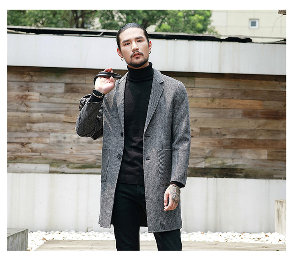 Houndstooth reversible men's plaid woolen trench coat - enhanced image 10