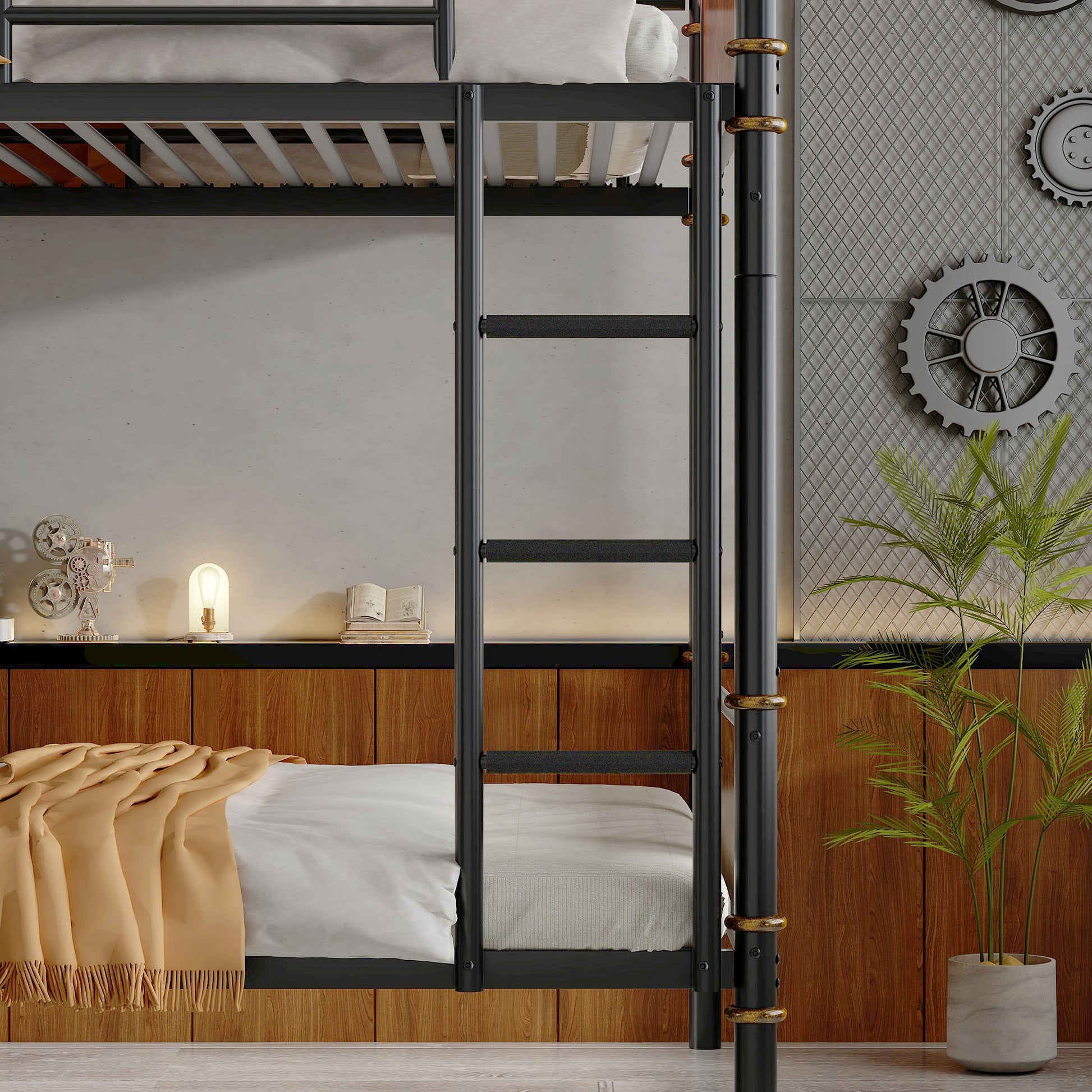 IronLoft™ – Twin XL Over Twin XL Metal Bunk Bed with Rustic Wood Finish & Safety Rail (US Warehouse) - enhanced image 10