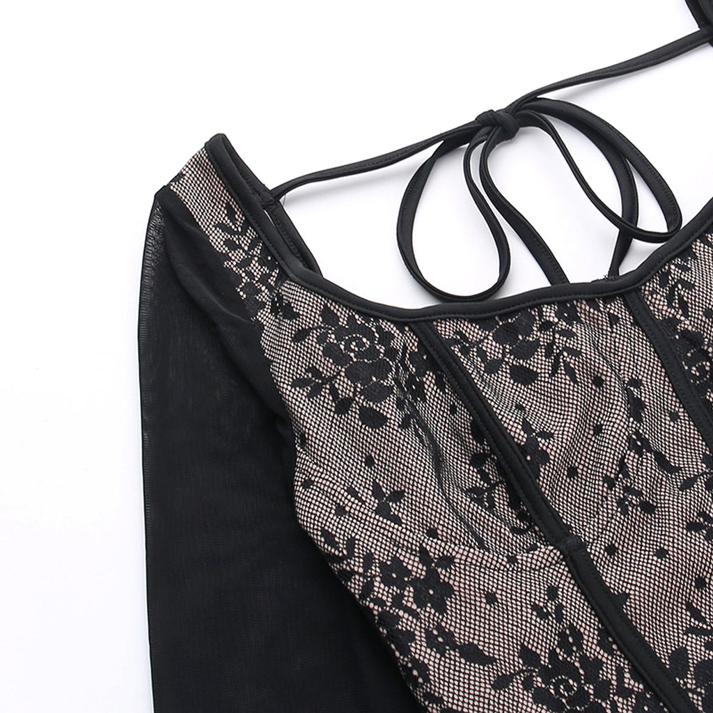 A1. Lace Stitching Girdle Printed Long-sleeved T-Shirt Women - enhanced image 10