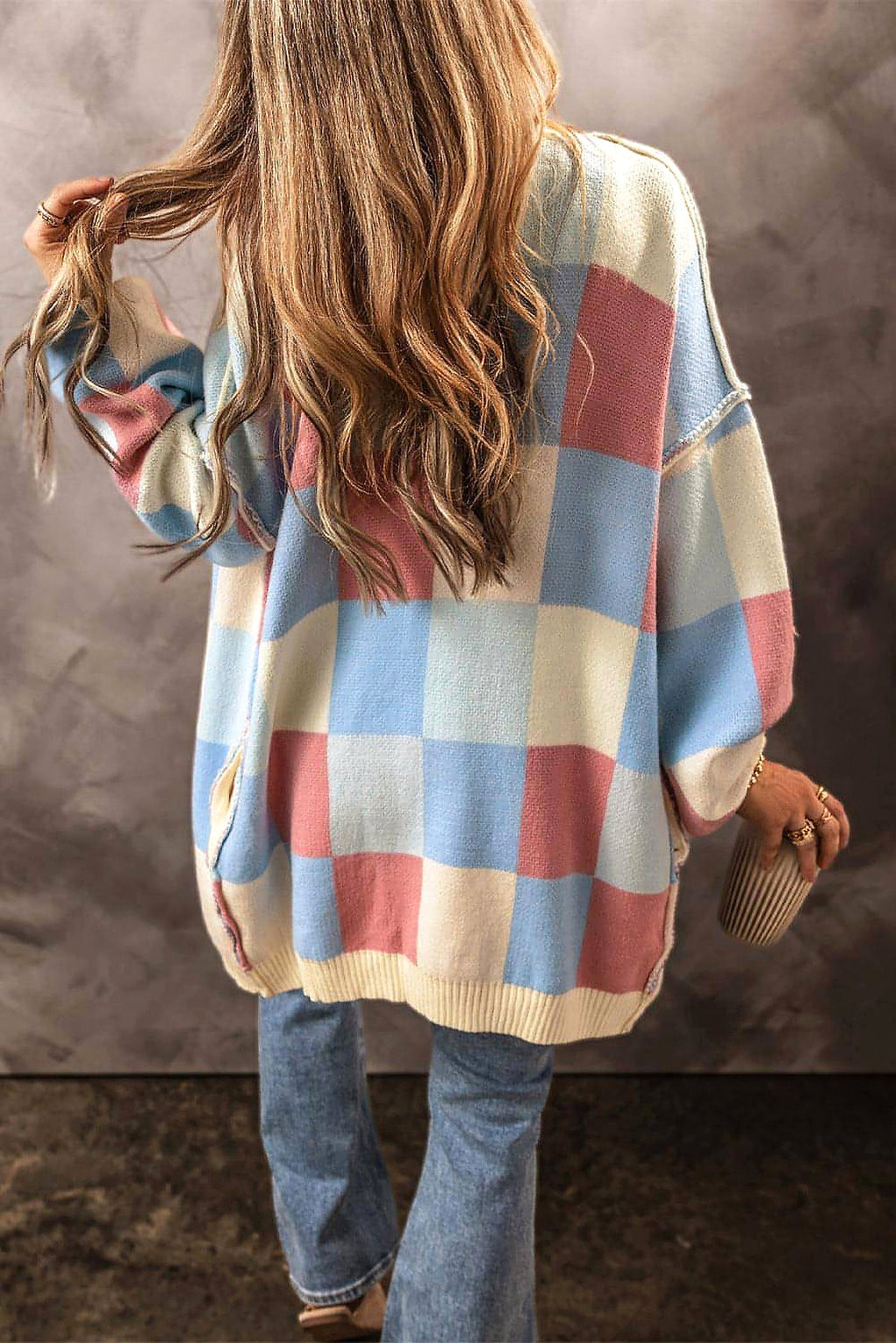 Light Blue Checkered Drop Shoulder Exposed Seam Open Front Cardigan - enhanced image 10