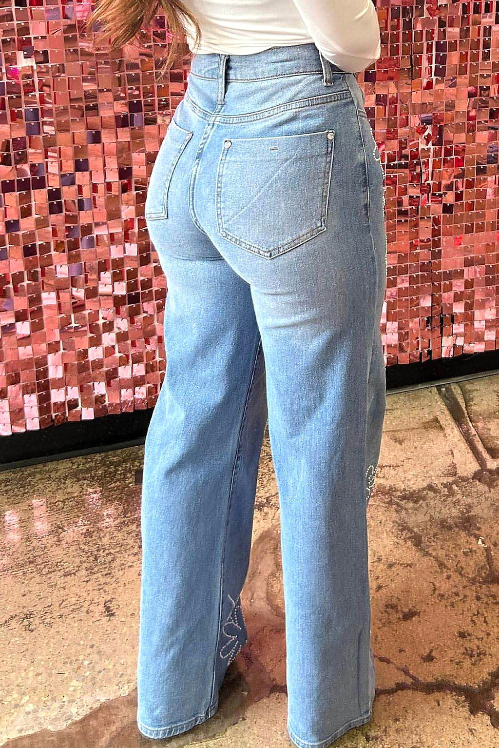 Light Blue Floral Rhinestone Decor High Rise Wide Leg Jeans - enhanced image 10